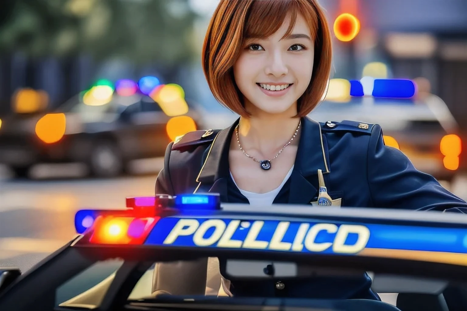 (An 18-year-old female police officer directing traffic at an intersection:1.5)、(Gentle smile:1.2)、(The best quality at its best:1.4), (Super detailed), (Very detailed CG unified 16k), Beautiful woman with perfect figure: 1.4, Sharp focus: 1.2, Very detailed, High-quality RAW color photos, Professional photography, Great face and eyes, cosmetics, (Amazingly beautiful girl), ((police officer uniform:1.5)), Sexy posture,(View from below), Realistic movie faces, Full body long view from head to toe, Realistic, ((Realistic natural orange red hairstyle)), ( Short Bob Hair:1.5), (necklace:1.5)、, Very beautiful face, Perfect model beauty, Mouth swelling, Highly detailed face and skin texture, Fine grain, double eyelid, Medium chest, smile, (masterpiece), highest quality, High resolution, Very detailed, Blurred Background, Depth of written boundary, Cinema Lighting, Great legs, , Clear, well-maintained skin,