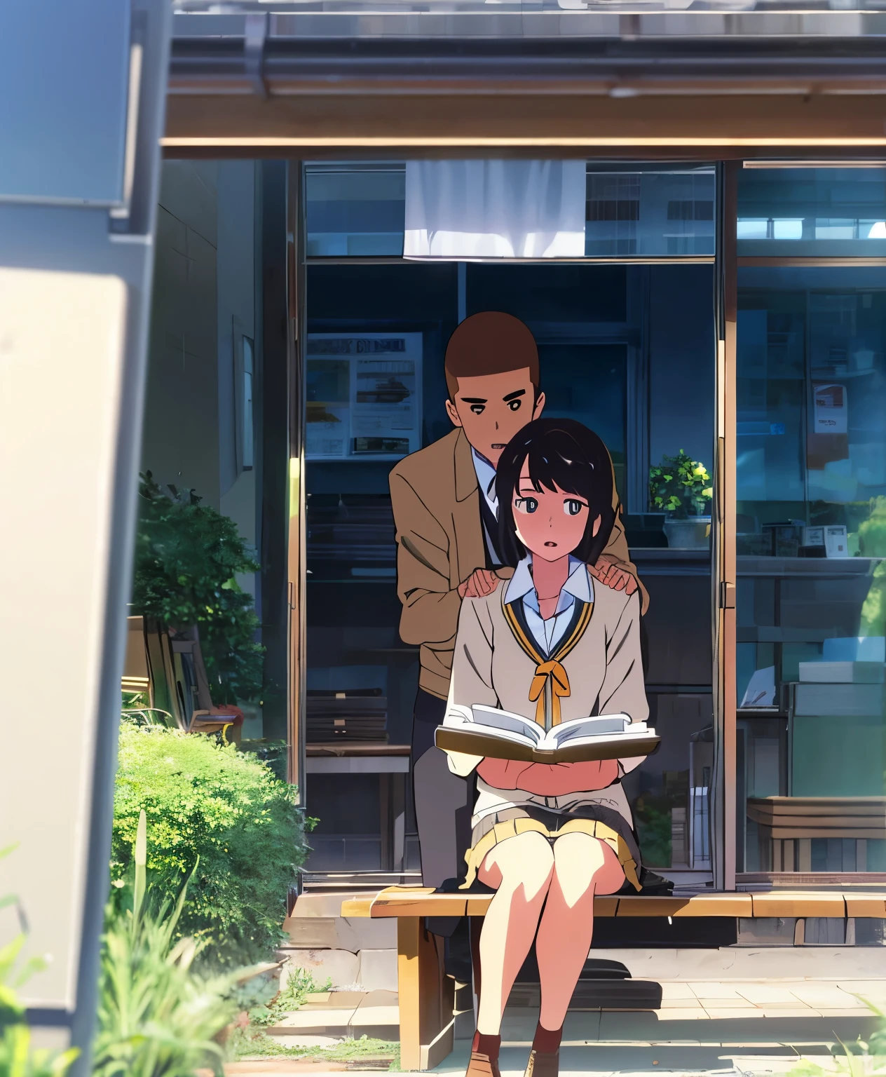 shinkai makoto, kimi no na wa., 1boy, muscular, buzzcut, boy behind girl, hug back, hugging, hig from behind, 1girl, black hair, brown eyes, open mouth, eyeglasses, open mouth, short hair, har band, hair ribbon, yellow cardigan, cleavage, white dress skirt, perfect anatomy, cowboyshot, sit on bench chair, reading a book, outdoors, school university, sky, school building, pov,