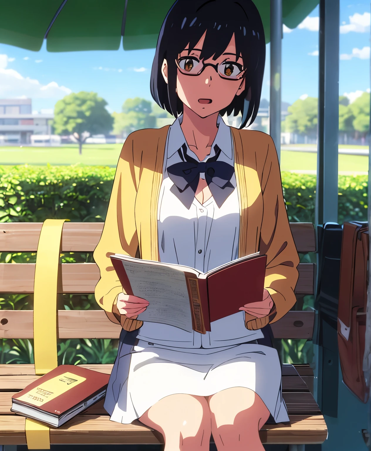shinkai makoto, kimi no na wa., 1boy, muscular, buzzcut, boy behind girl, hug back, hugging, hig from behind, 1girl, black hair, brown eyes, open mouth, eyeglasses, open mouth, short hair, har band, hair ribbon, yellow cardigan, cleavage, white dress skirt, perfect anatomy, cowboyshot, sit on bench chair, reading a book, outdoors, school university, sky, school building, pov,