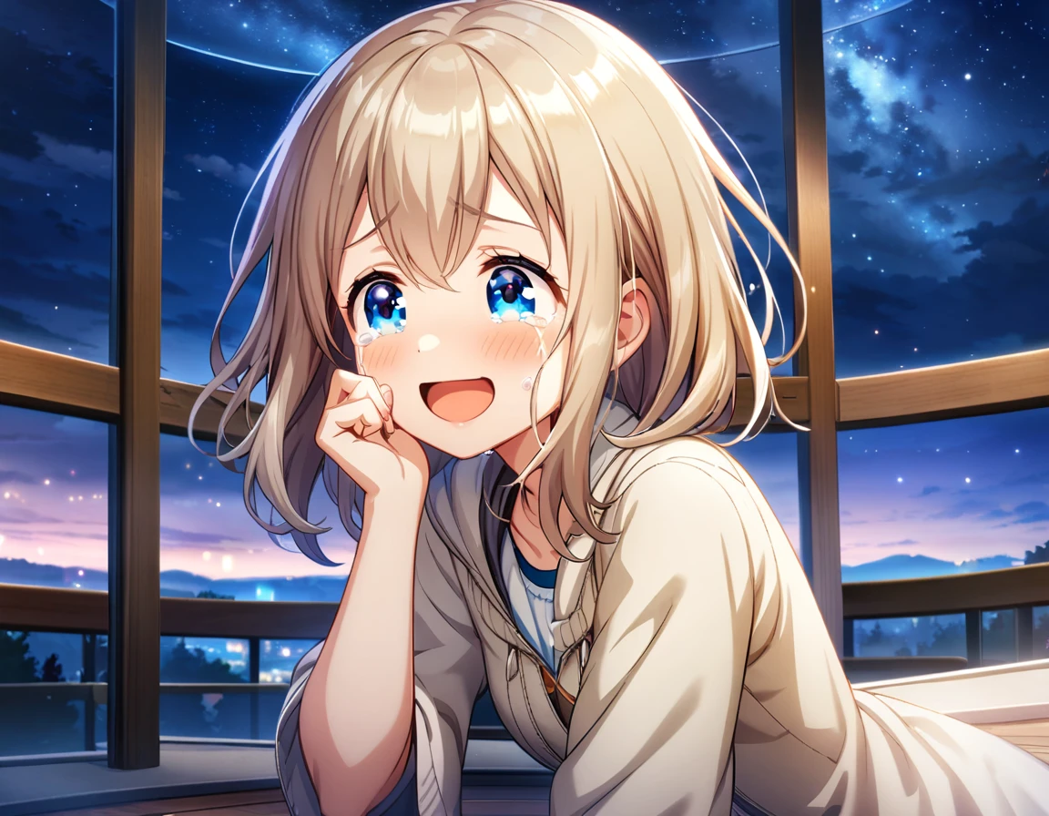 game cg,1girl,light brown color and medium length hair,(blue eyes)+,tareme,((happy tears)),smile,((tears)),wiping tears,night,outdoor observation deck,