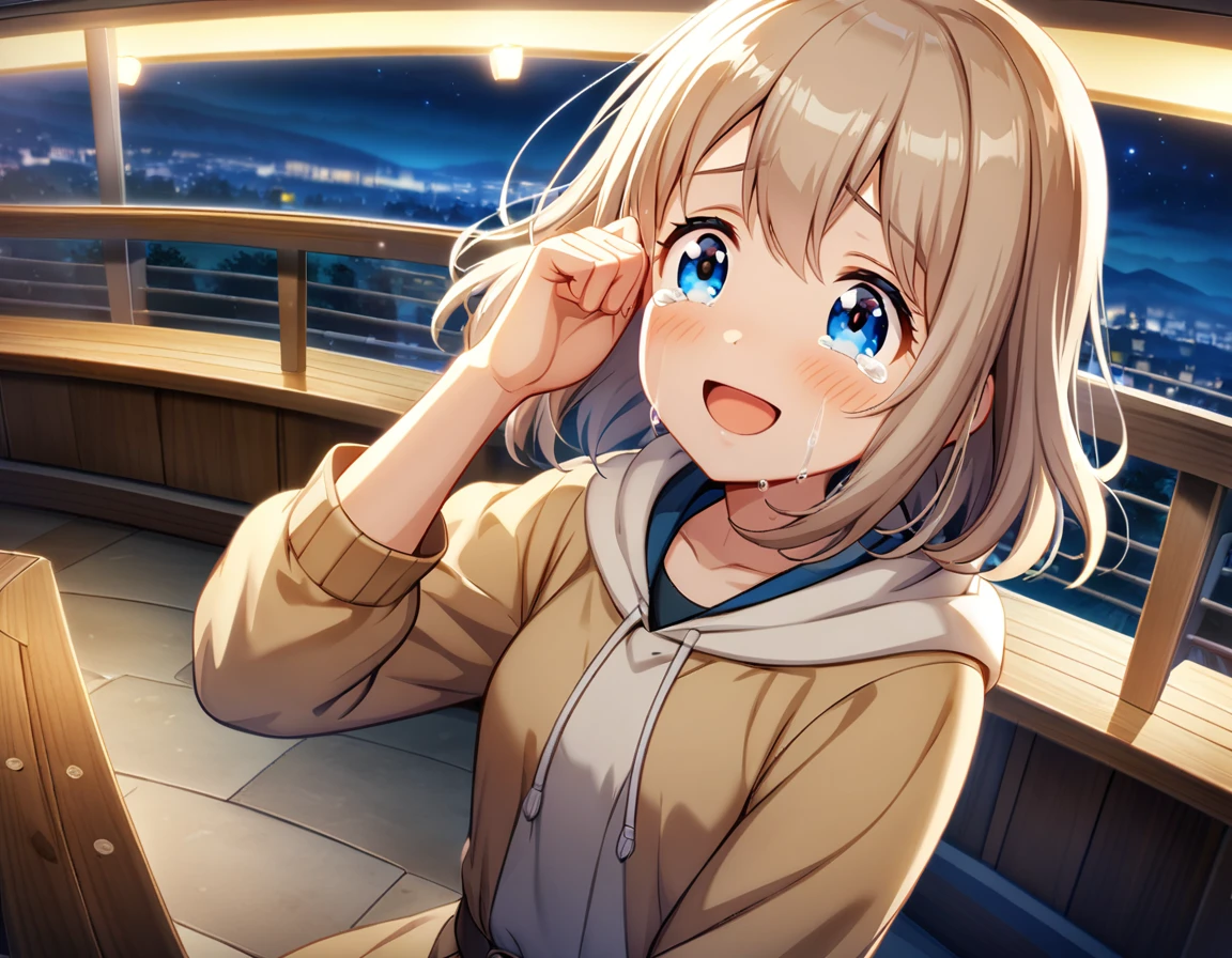 game cg,1girl,light brown color and medium length hair,(blue eyes)+,tareme,((happy tears)),smile,((tears)),wiping tears,night,outdoor observation deck,