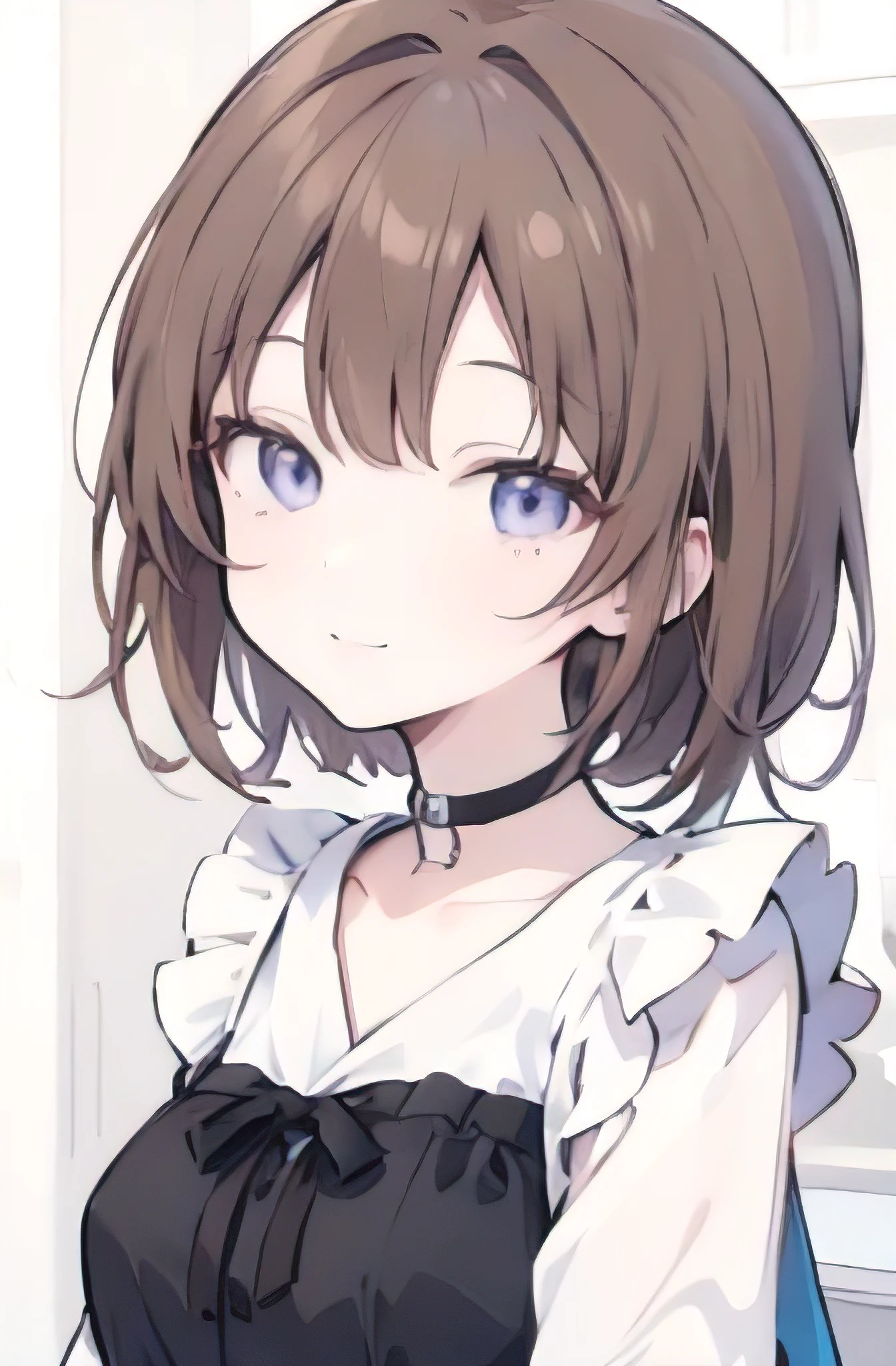 1girl, anime_coloring, black_eyes, brown_hair, choker, short_hair, smile, solo, style_parody,  