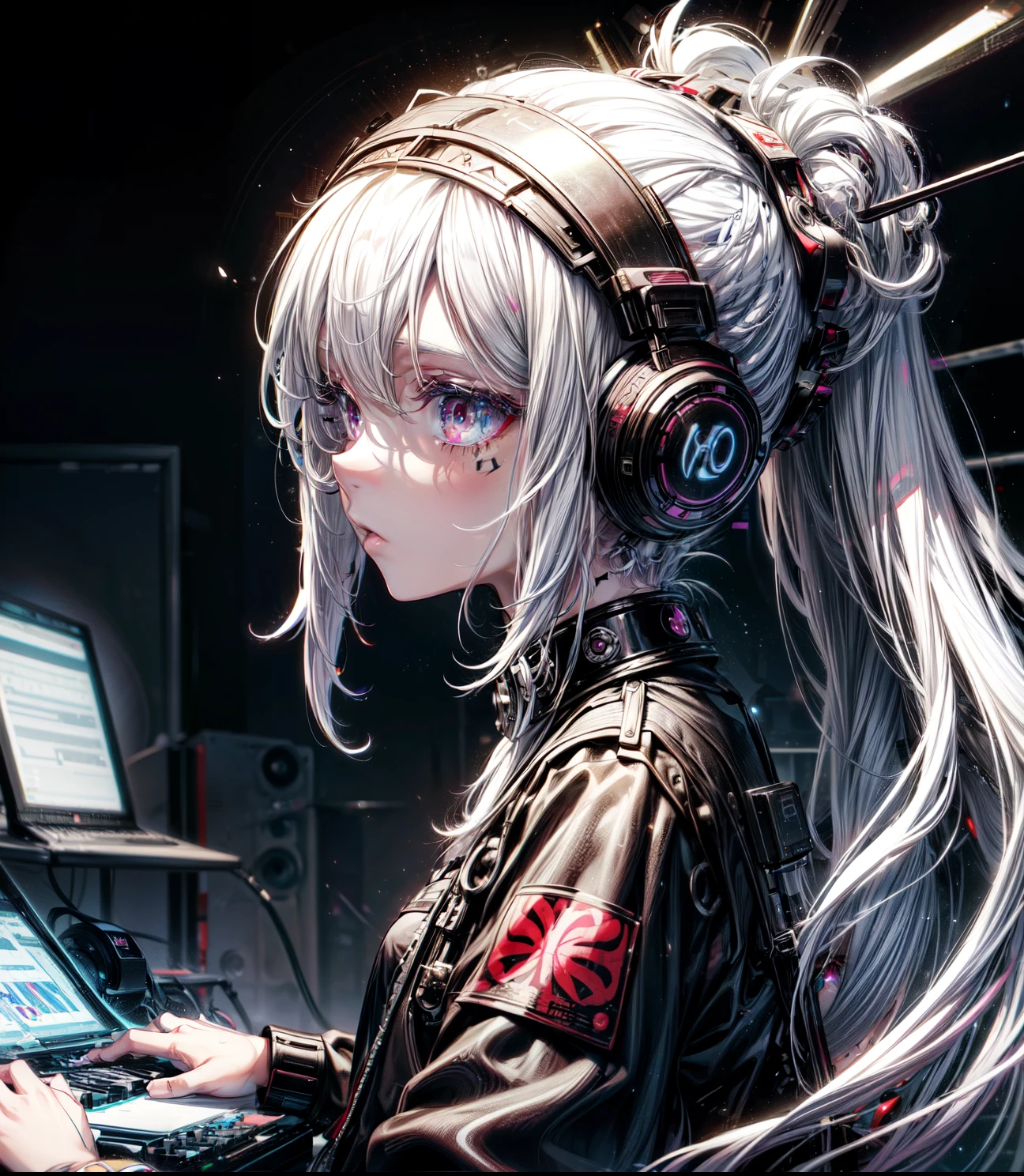 music girl ,  , white hair, music hero,girl with white dreadlocks, black girl music producer, face tattos ,black  with a mid keyboard, withe dreads , white dradlocks, producing music in the space, black girl, afrofuturism, bored, motion lines, stereogram, UHD, masterpiece, high quality, winning award