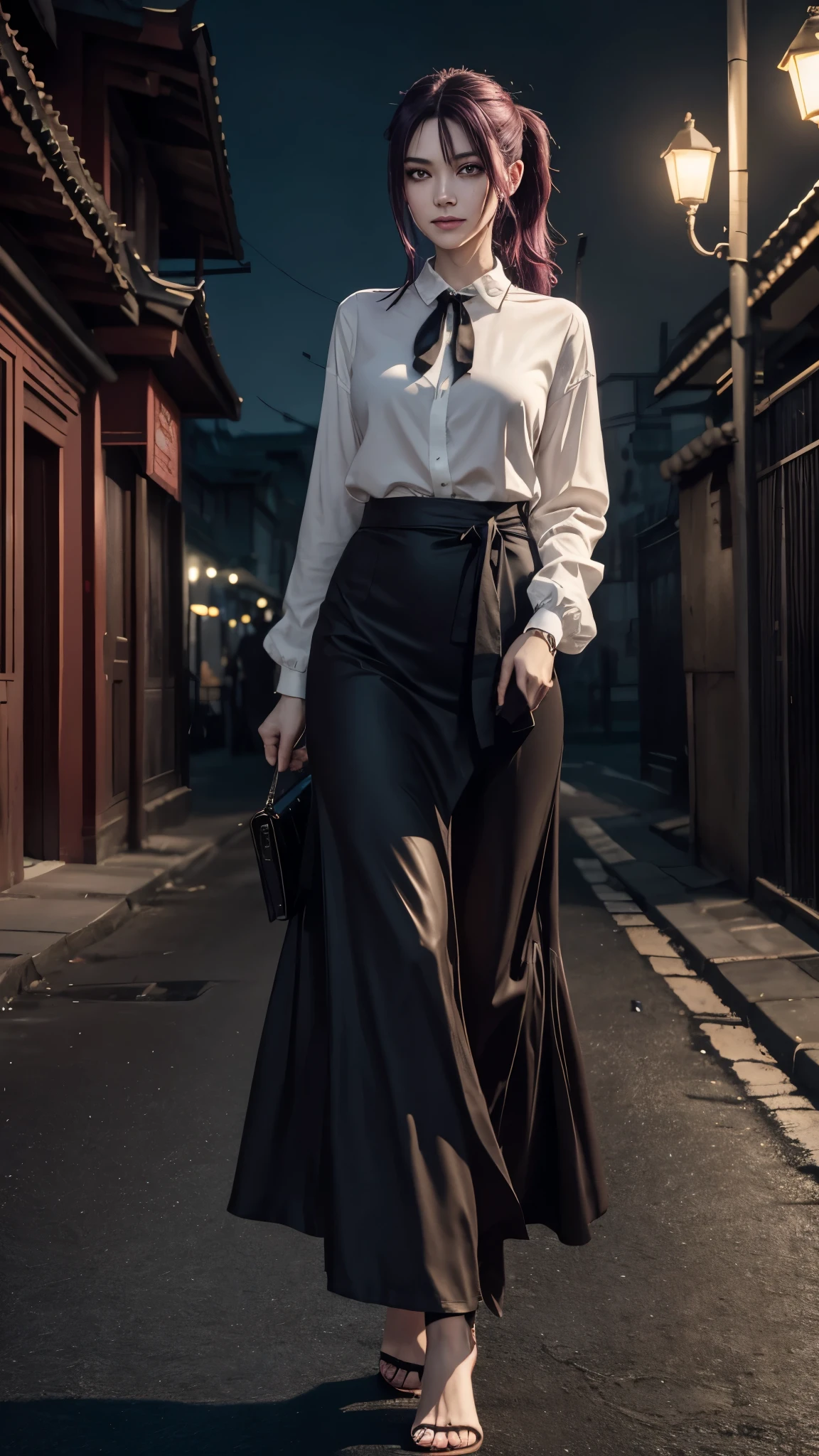 European Woman, bleeding mascara, carcass flowed, bloody eyes, detailed face, psycho, cinematic, walking on sidewalk, barefoot, shark and sharp thooth, smiling face, tall height and slim build woman, pale tone of skin, waist lenght hair, dark purple hair in a pony tail, wavy hair, Two strands prominently stick out on either side of the head near the temples, large and intense yellow eyes with resembling a cat's, detailed eyes, clothes completely staining of crimson red painting, black blouse with long sleeves and a black tie at the neck, black skirt reacking down to the ankles, wet clothes, 8K, HD, at background is a landscape of a dark city at night, looking ahead,