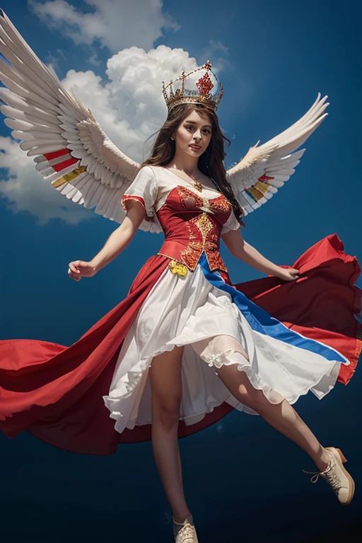draw a woman dressed in the flag of Russia with a crown on her head and flying with two wings into the sky