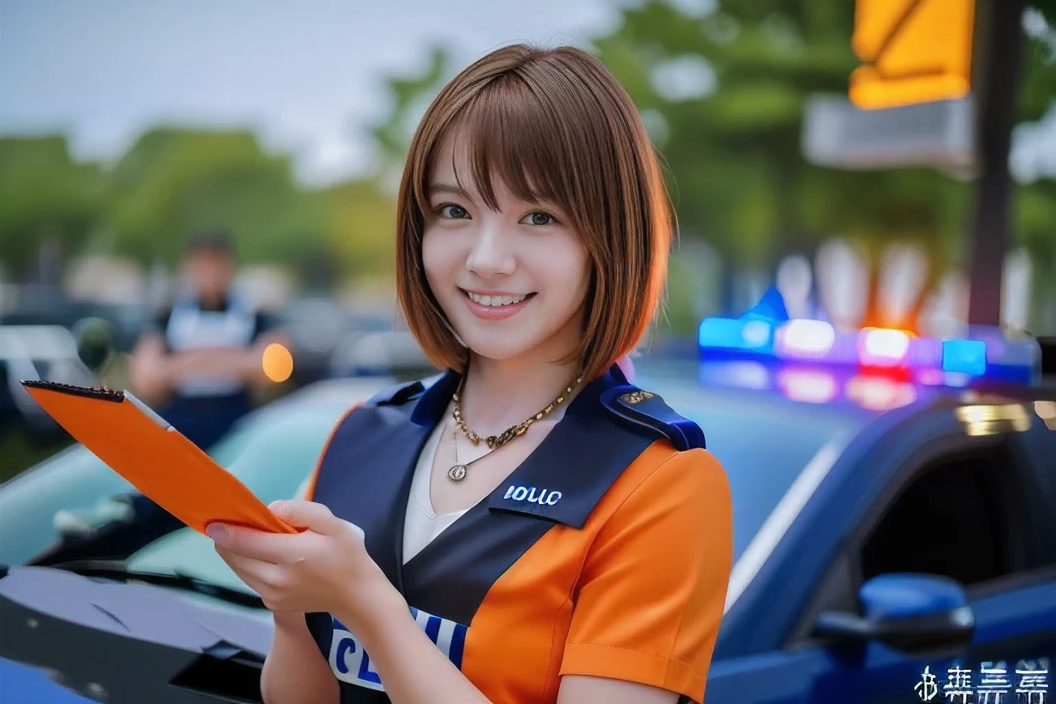 (An 18-year-old female police officer directing traffic at an intersection:1.5)、(Gentle smile:1.2)、(The best quality at its best:1.4), (Super detailed), (Very detailed CG unified 16k), Beautiful woman with perfect figure: 1.4, Sharp focus: 1.2, Very detailed, High-quality RAW color photos, Professional photography, Great face and eyes, cosmetics, (Amazingly beautiful girl), ((police officer uniform:1.5)), Sexy posture,(View from below), Realistic movie faces, Full body long view from head to toe, Realistic, ((Realistic natural orange red hairstyle, Realistic blue eyes)), ( Short Bob Hair:1.5), (necklace:1.5)、, Very beautiful face, Perfect model beauty, Mouth swelling, Highly detailed face and skin texture, Fine grain, double eyelid, Medium chest, smile, (masterpiece), highest quality, High resolution, Very detailed, Blurred Background, Depth of written boundary, Cinema Lighting, Great legs, , Clear, well-maintained skin,