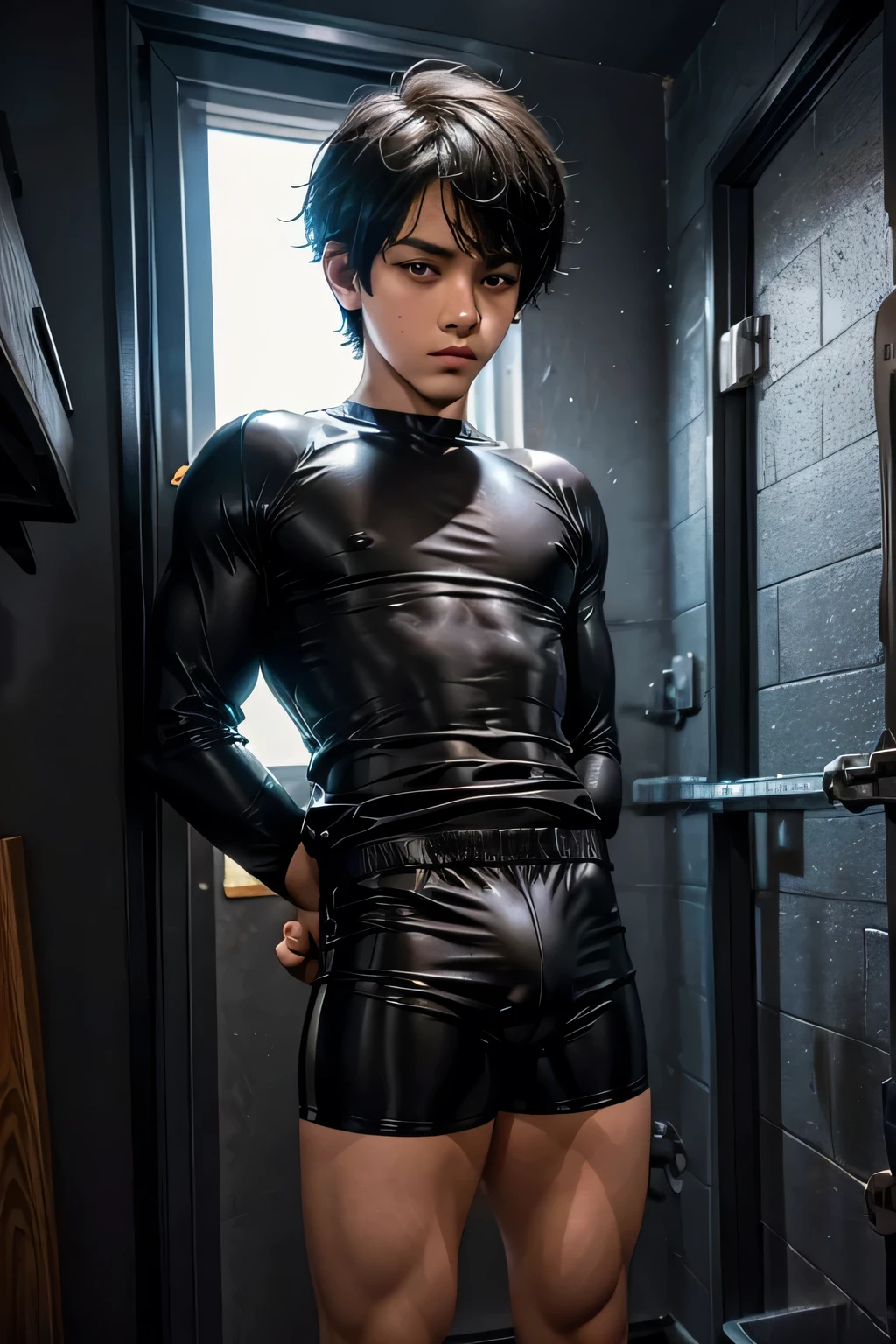 Cute prison boys, spandex shorts:1.2, black hair, (his tall is shorter than others:1.2), 5 boys talking, (:1.2), detailed big hard bulge, penis, topless