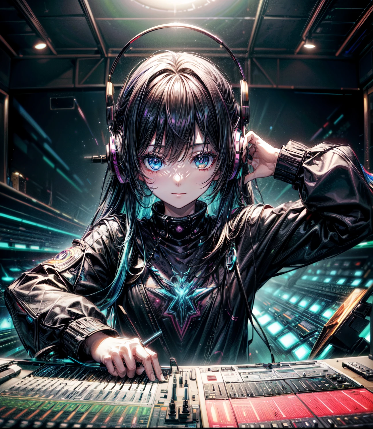 (masterpiece、top-quality、8K )、Bird View、Overhead view camera work、Anime slender sitting at inorganic table on laptop with colorful hair and headphones, creature,Lightning, Neon rays, Beauty, Futuristic modern, Rock star, lock, urgent, Perfect, epicd, Bright colors, Volume Lighting, Best Shadows, Shallow depth of field, (of the highest quality, Amazing details: 1,25), Brilliant Colorful Paintings, Fancy, Magic, flicker, Glare, Neon Garland,intricate detailes,ultra-detailliert、one girls、Grinning 、(Live Stage:1.3),(turntable、Mixing Machine、Sampling Machine、Rhythm Box、mixer,synthesizer、Monitors:1.2),Stage Live Background、Spotlight from behind、Hyper realistic,Perfect Anatomy