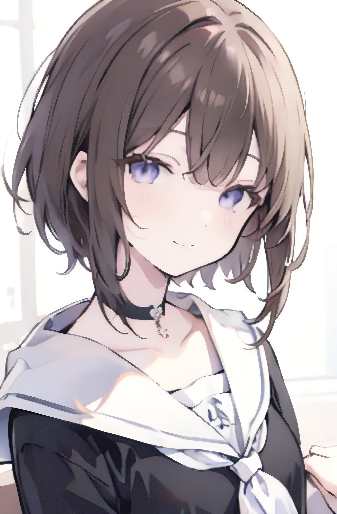 1girl, anime_coloring, black_eyes, brown_hair, choker, short_hair, smile, solo, style_parody,  