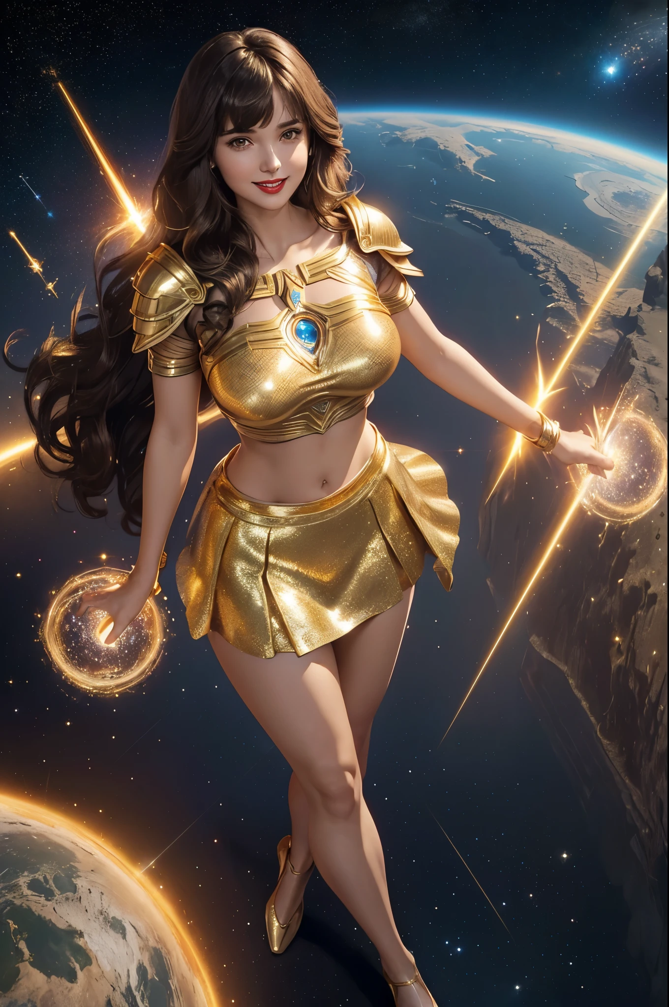 Supergirl, 27 years old, full body view Beautiful woman (((shoulder length wavy brunette hair, two side up with bangs))) defined body, Red lipstick, smiling, hands free, standing facing camera, (( short sleeve, two piece knee length sparkling gold futuristic body armor with matching skirt)), space station garden, orbiting earth, (large_breasts:1.3) (curvy:1.2)