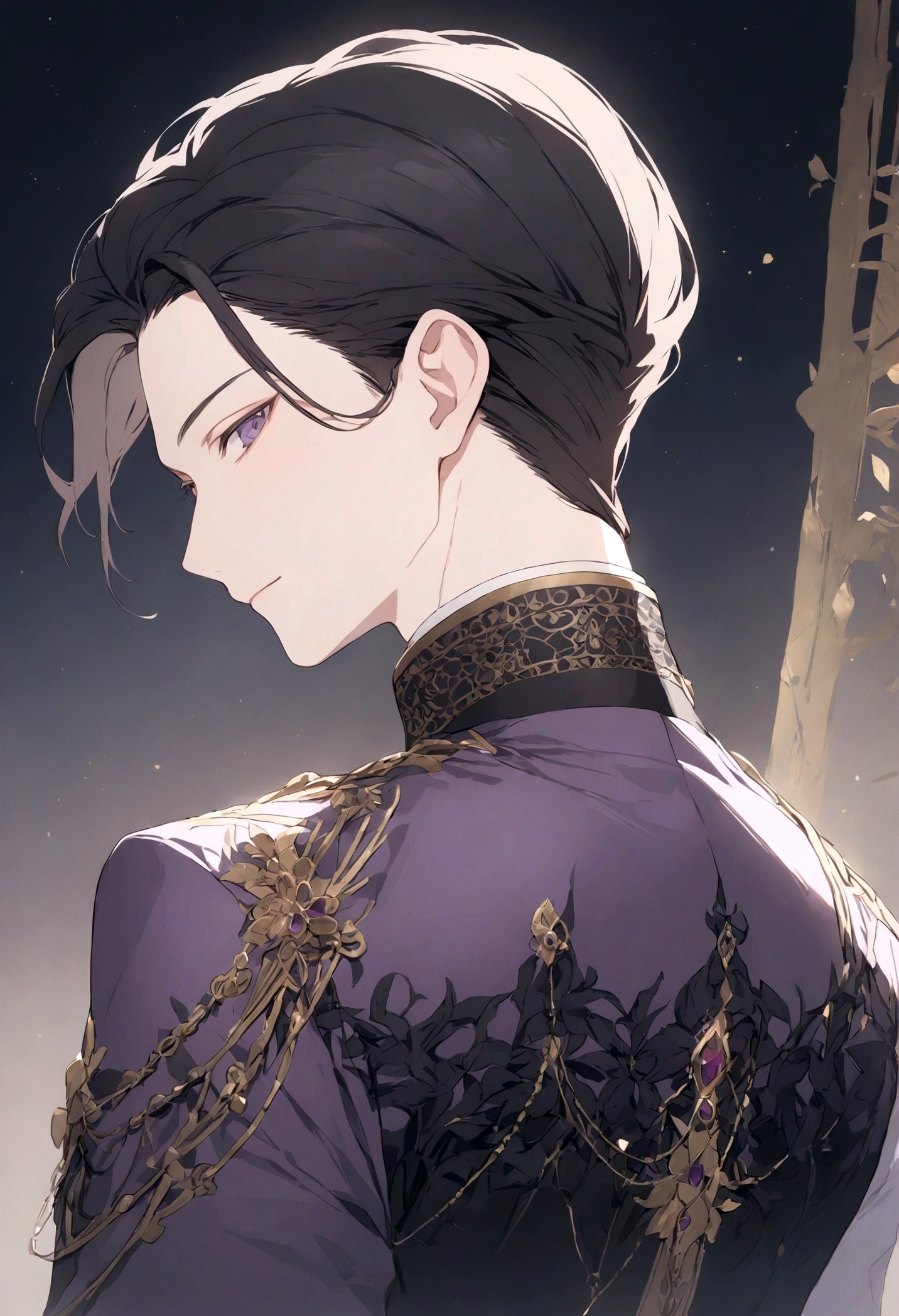 A handsome man in a large black and purple jacket, detailed clothing, half body shot