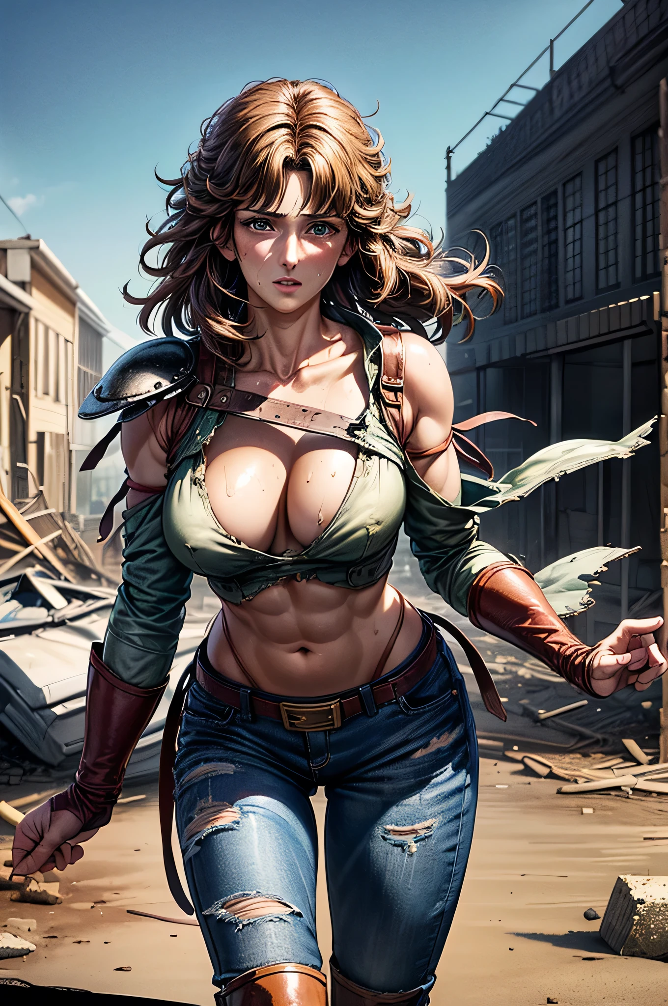(Mamiya,undershirt,1 mature muscular female ,shoulder guard,leg guard,brown wavy hair,25yo),leather boots,damaged denim pants,large breasts,cleavage,erected nipples,perfect hands, perfect finger,perfect anatomy, masterpiece, best quality,realistic, hyperrealistic, 16k hdr,(destroyed house,ruined world,medieval,,outdoor,wilderness,desert background,strong wind:1.3),(cool beauty),sweat,spread legs,navel,no sleeves