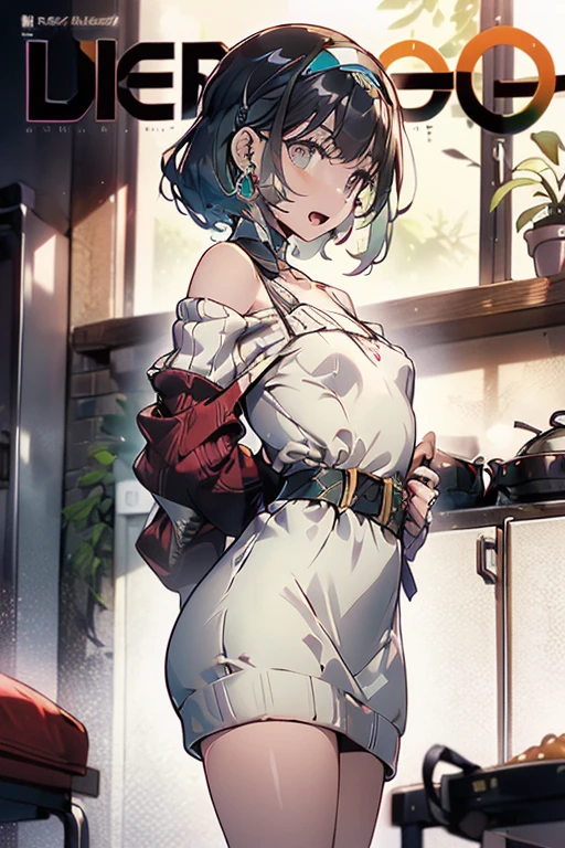 (small breasts:1.3), (perky chest:1.1), (pointed chest:1.0), (vegitable magazine cover:1.3),(from below:1.2),(from side:0.9),masterpiece, a 18yo girl, Amazing Cleavage:1.1, thin waist, big ass, Raised sexy, small breast: 1.3, posed cleavage:1.2, open mouth, have a cute grass of cute beergrass,black hair, dark green eyes, dress, bare shoulders, jewelry, collarbone, sidelocks, hairband, earrings, indoors, off shoulder sweater:1.1, arms behind back, plant, short hair with long locks, gild hairband, off-shoulder dress, sweater dress, off-shoulder sweater, red sweater, dark gord hair, big side hair, very long side hair,is rendered in (masterpiece: 1.2, best quality), with (ultra high resolution) and an exquisite (depth of field). This masterpiece is not only visually stunning but also tells,A scene of cooking in the kitchen by classroom,looking at viewer,