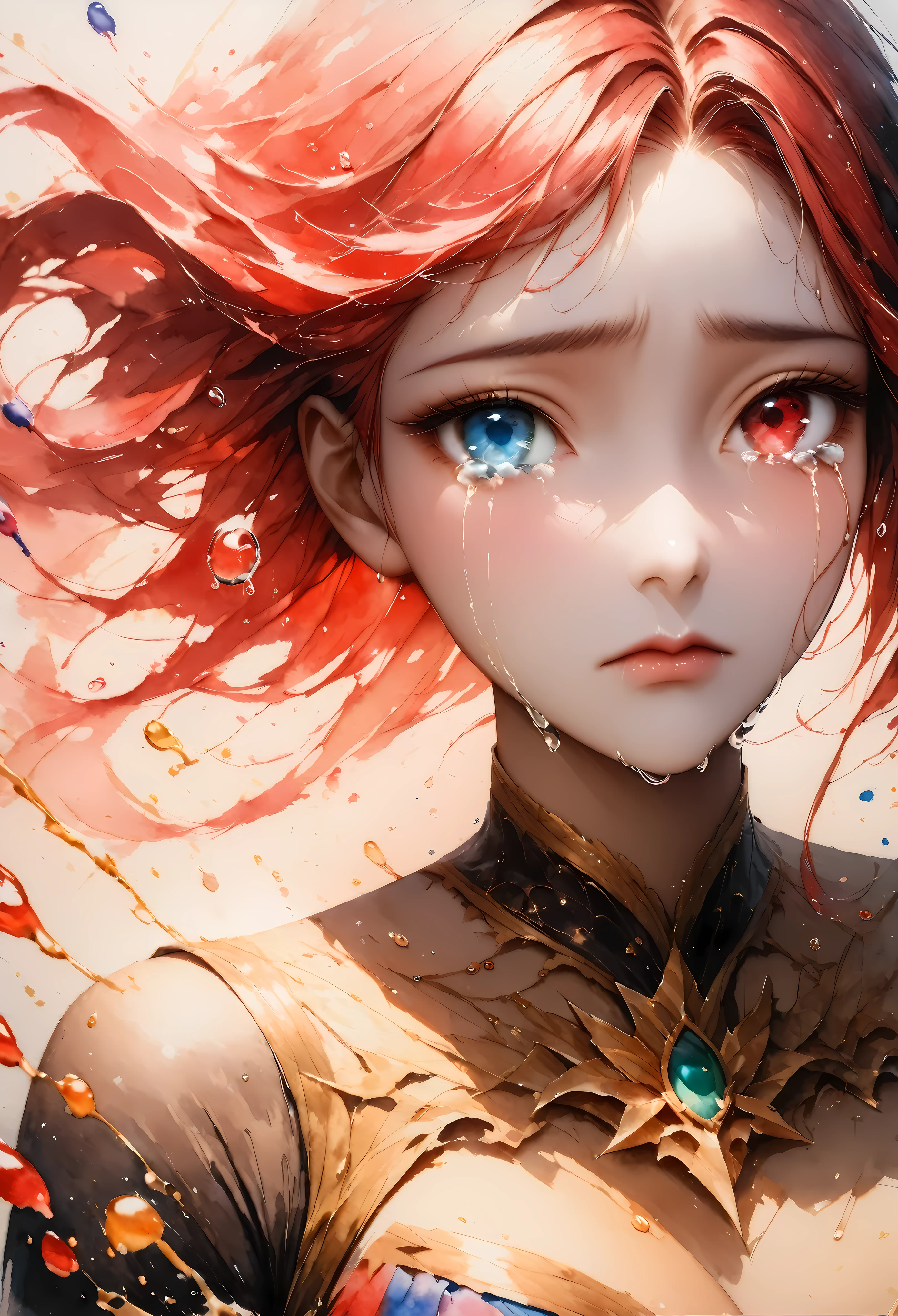 (Masterpiece in maximum 16K resolution:1.6), (intricate detail:1.4), (extremely insane detail:1.4),(highest quality:1.3),(Hyper_realistic:1.3). | ((Dark_color_tones):1.3),(close up portrait of crying face):1.3),((wide angle shot):1.2), Clear light, Edge lighting, Perfect image, 16k UE5,editorial painting, superfine, Depth of field, Ultra-realistic, no contrast, clean sharp focus, professional painting, No blurring. | (watercolor painting, dark color, sharp focus), ((Pretty Supermodel beauty):1.2), ((Red Hair):1.1), ((Heterochromia eyes):1.1), Agnes Cecile painting, kinetic expression, darl colorful hair, (Splash and Drip Art Minimalism:1.1), style painting magic. | ((She is crying):1.3),((perfect_pose):1.5), ((perfect_fingers, better_hands, perfect_hands, perfect_legs):0.7), (((More_Detail))). | Rendered in ultra-high definition with UHD and retina quality, this masterpiece ensures anatomical correctness and textured skin with super detail. With a focus on high quality and accuracy, this award-winning portrayal captures every nuance in stunning 16k resolution, immersing viewers in its lifelike depiction. Avoid extreme angles or exaggerated expressions to maintain realism. ((perfect_composition, perfect_design, perfect_layout, perfect_detail, ultra_detailed)), ((enhance_all, fix_everything)), More Detail, Enhance.