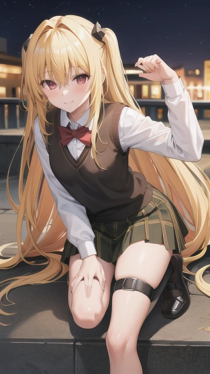 masterpiece, best quality, highres, BREAK , phyami, yamisch,  long hair,hair ornament, hair between eyes, blonde hair, very long hair,red eyes,
  ,thigh strap, sweater vest, plaid skirt, plaid, socks, pleated skirt, skirt,
/=yaminor,etached sleeves, black dress=/
BREAK
,
, BREAK ,forced smile,dark temple nighttime, , brown theme, , very wide shot, hands on knees,, knees,