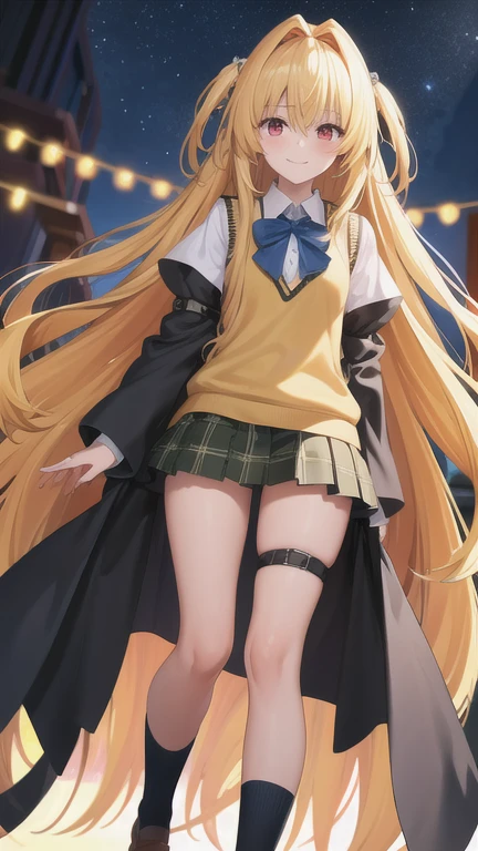 masterpiece, best quality, highres, BREAK , phyami, yamisch,  long hair,hair ornament, hair between eyes, blonde hair, very long hair,red eyes,
  ,thigh strap, sweater vest, plaid skirt, plaid, socks, pleated skirt, skirt,
/=yaminor,etached sleeves, black dress=/
BREAK
,
, BREAK ,forced smile,dark temple nighttime, , brown theme, , very wide shot, hands on knees,, knees,