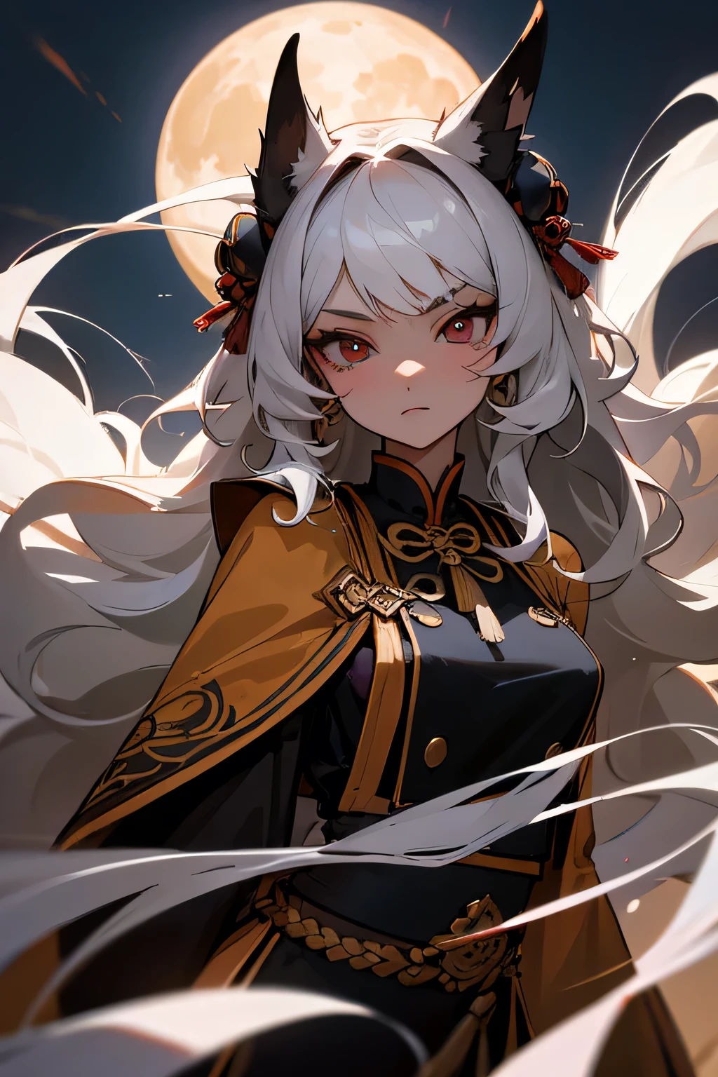 ((masterpiece)), ((detailed)), ((best Quality)), perfect face, girl, Long black and white hair with a wavy style, brown Chinese uniform with ornaments, big black eyes, ((detailed eyes)), ((detailed skin)), natural skin, ornaments on the hair, Dynamic display, ancient temple, night, full moon, Half human holy fox, Oversized uniform, she has 3 tails, small breast, aura, close up