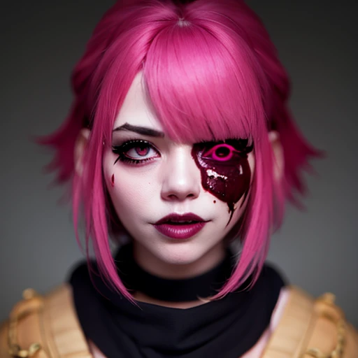 girl,with a face full of blood, blood on her clothes,scary smile, yandere, dark eyes, pink eyes, pink hair, crazy,black clothes,blur in the eyes,golden scarf,licking blood,an eye patch on the face