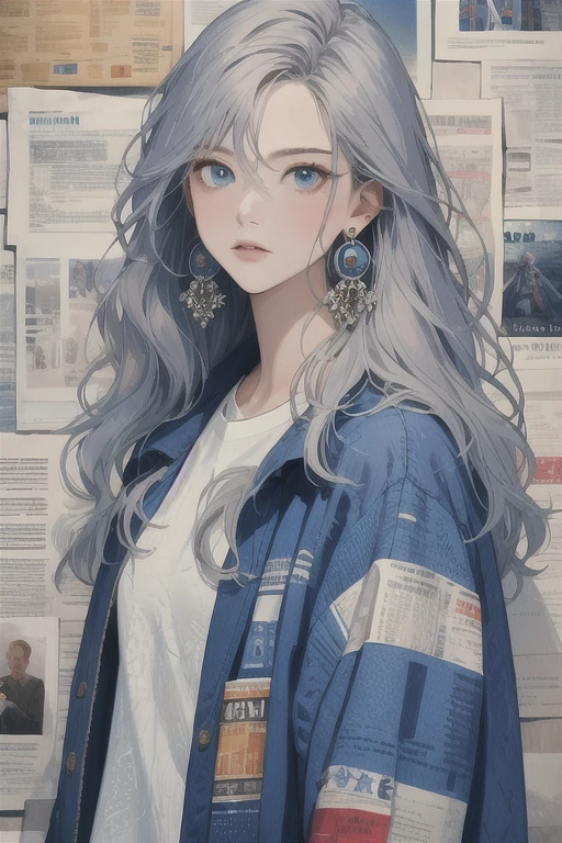 (Best quality, A high resolution, Textured skin, High quality, High details, Extremely detailed CG unity), newspaper wall, looking at viewer, blue eyes, white shirt, solo, shirt, earrings, upper body, grey hair, jewelry, 1girl, print shirt, blue jacket, long hair, masterpiece, 8K, perfect lighting,