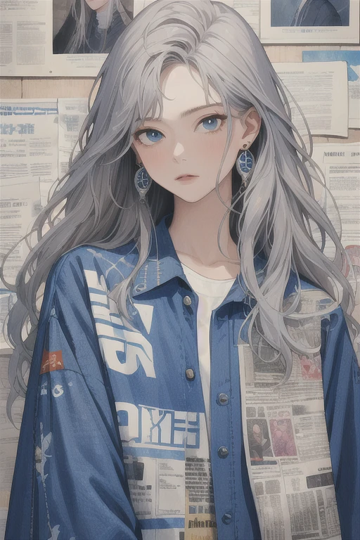 (Best quality, A high resolution, Textured skin, High quality, High details, Extremely detailed CG unity), newspaper wall, looking at viewer, blue eyes, white shirt, solo, shirt, earrings, upper body, grey hair, jewelry, 1girl, print shirt, blue jacket, long hair, masterpiece, 8K, perfect lighting,