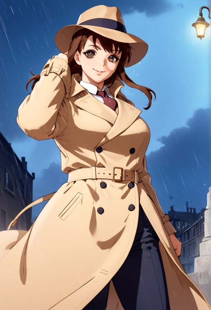 detailed illustration (side view),dynamic angle,ultra-detailed, illustration, pose for the camera, smiling at viewer, clean line art, shading, anime, 2020’s anime style, detailed eyes, detailed face, beautiful face standing on a sidewalk,

Detective, trench coat, fedora hat, Johnny dollar inspired, Philip Marlow inspired, 1940’s, woman, in a suit a coat, night, rain, brown hair, hard boiled, female fatale vibes.