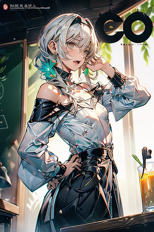 (small breasts:1.3), (perky chest:1.1), (pointed chest:1.0), (vegitable magazine cover:1.3),(from below:1.2),(from side:0.9),masterpiece, a 18yo girl, Amazing Cleavage:1.1, thin waist, big ass, Raised sexy, small breast: 1.3, posed cleavage:1.2, open mouth, have a cute grass of cute beergrass,black hair, dark green eyes, dress, bare shoulders, jewelry, collarbone, sidelocks, hairband, earrings, indoors, off shoulder sweater:1.1, arms behind back, plant, short hair with long locks, gild hairband, off-shoulder dress, sweater dress, off-shoulder sweater, red sweater, dark gord hair, big side hair, very long side hair,is rendered in (masterpiece: 1.2, best quality), with (ultra high resolution) and an exquisite (depth of field). This masterpiece is not only visually stunning but also tells,A scene of cooking in the kitchen by classroom,looking at viewer,