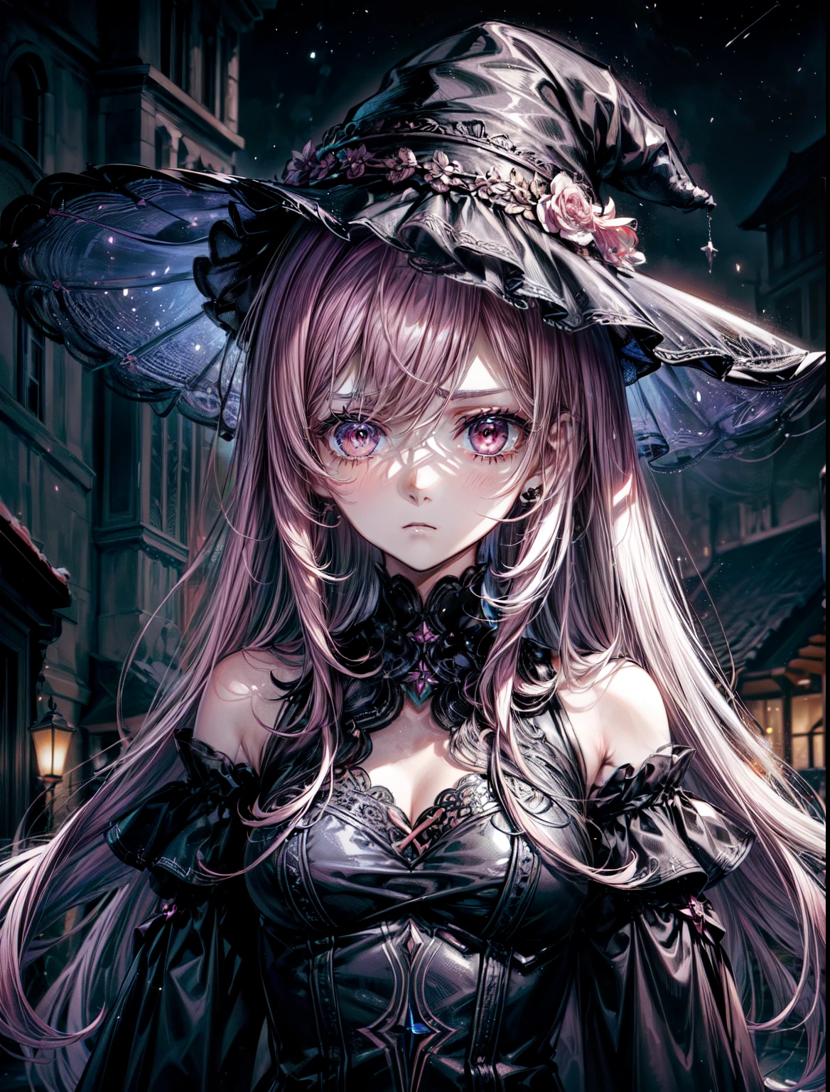 (obra de arte,melhor qualidade,ultra-detalhado),1 garota,cabelo rosa,Pink Witch Hat,(pale skin),roupa de bruxa rosa,rosto lindo e detalhado, olhos detalhados,olhando para o espectador,peito pequeno,((tema cinza),((Depression, tristeness, Melancholic)),tired expression,triste,starry sky