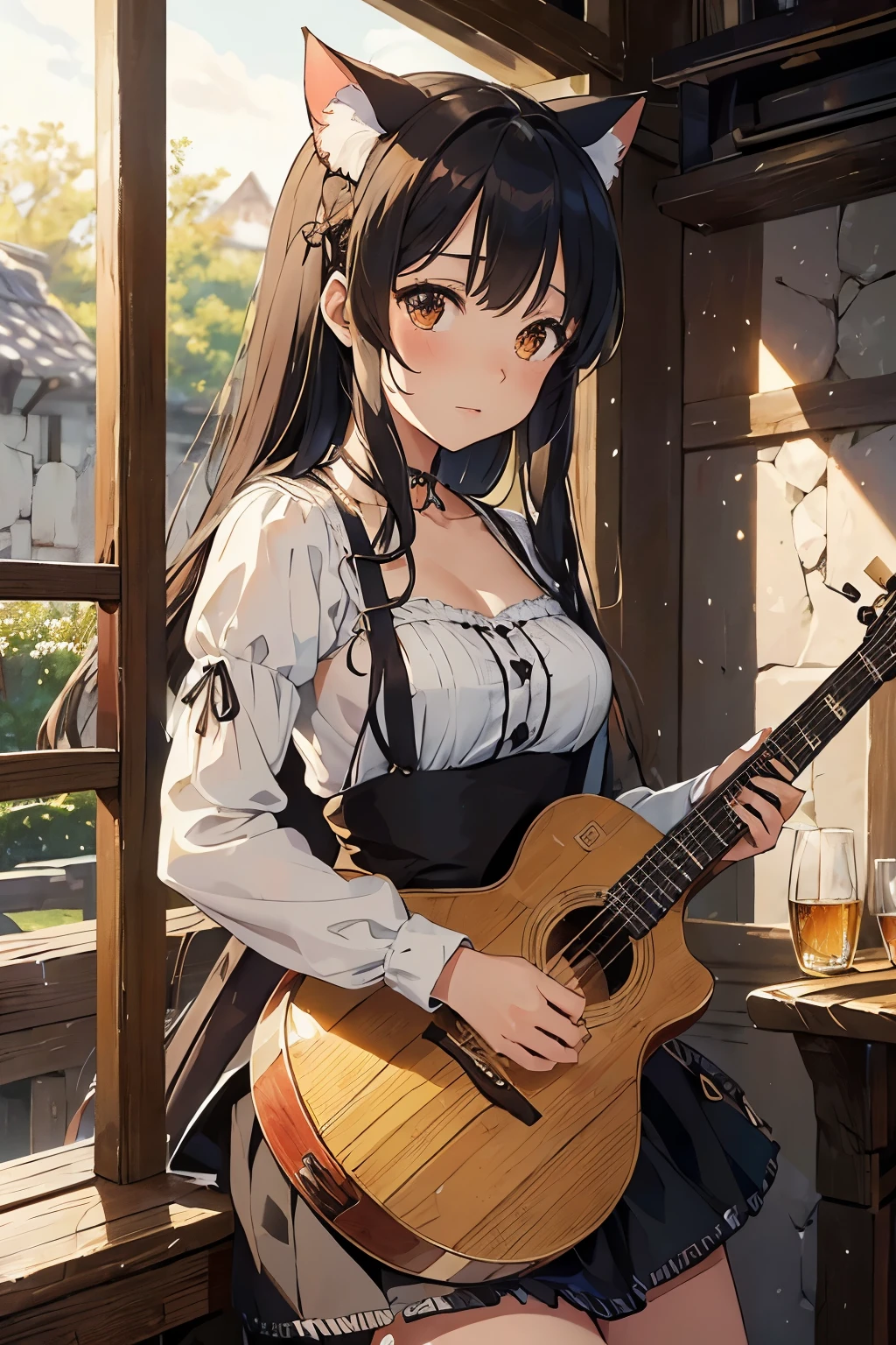 (Obra de arte, melhor qualidade:1.2), A well-dressed music nekomimi woman, adornado em roupas medievais com tons roxos seletivos, captivating performing in a rustic tavern setting. Illuminate the scene with natural light to evoke an authentic ambience. Emphasize intricate details that showcase the musician&#39;s charisma and skill, while also highlighting the historic charm of the tavern, tudo combinado para criar uma atmosfera vibrante e encantadora.