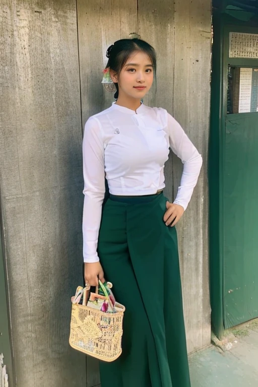 A school teacher is 30years old.Tall, thin, big hips, big breasts, black hair, small lips, brown eyes, attractive, K.Top=white Burmese blouse,With long sleeves,Buttoned at the side.Bottom=(Dark green) long skirt.
Footwear=female Burmese sandals,The hair is knotted bun.