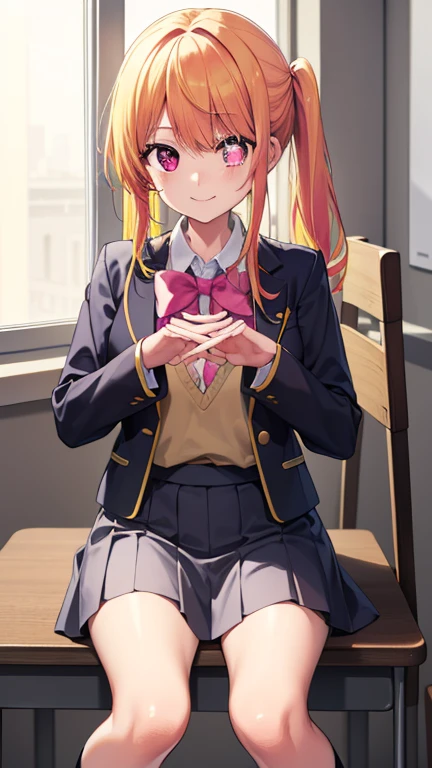 1 grill, Hoshino Ruby, (yellow hair:1.5), long hair, (pink eyes:1.5), side lock, (Star pupil of the left eye:1.5), (Pink right eye:1.5)
break black vest, blue Jacket, bow, bowtie, collared shirt, cropped Jacket, Jacket, knee high, long sleeve, pink bow, pink bowtie, pleated skirt, , shirt, Gray skirt, socks, vest, white shirt, white socks, youtou high , sitting in a chair, (sitting at a desk:1.2), (Put your left hand on your chest:1.2),
break looking at viewer,
break indoors, classroom, Asahi, White light,
break (masterpiece:1.2), highest quality, High resolution, unity 8k wallpaper, (figure:0.8), (beautiful and fine eyes:1.6), highly detailed face, perfect lighting, Very detailed CG, (perfect hands, perfect anatomy), smile