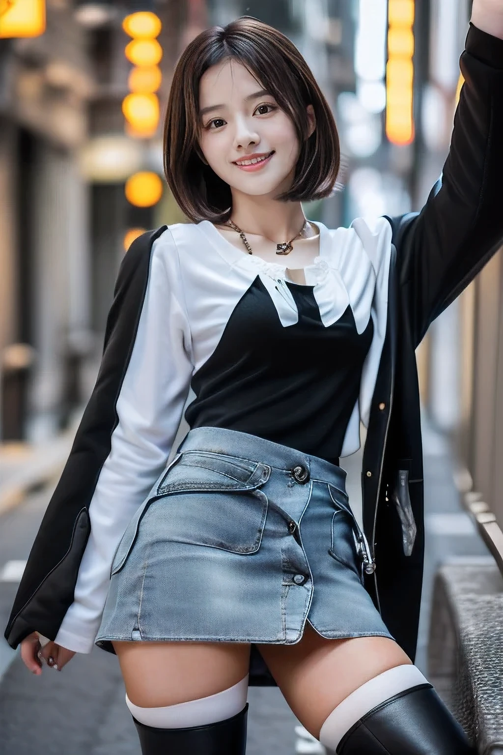 (Climbing the hills of the city、18-year-old female:1.5)、(Gentle smile:1.2)、(The best quality at its best:1.4), (Super detailed), (Very detailed CG unified 16k), Beautiful woman with perfect figure: 1.4, Sharp focus: 1.2, Very detailed, High-quality RAW color photos, Professional photography, Great face and eyes, cosmetics, (Amazingly beautiful girl), ((Black coat、White blouse、Denim mini skirt、Black Stockings、Black boots:1.5)), Sexy posture,(View from below), Realistic movie faces, Full body long view from head to toe, Realistic, ((Realistic natural orange red hairstyle, Realistic blue eyes)), ( Short Bob Hair:1.5), (necklace:1.5)、, Very beautiful face, Perfect model beauty, Mouth swelling, Highly detailed face and skin texture, Fine grain, double eyelid, Medium chest, smile, (masterpiece), highest quality, High resolution, Very detailed, Blurred Background, Depth of written boundary, Cinema Lighting, Great legs, , Clear, well-maintained skin,
