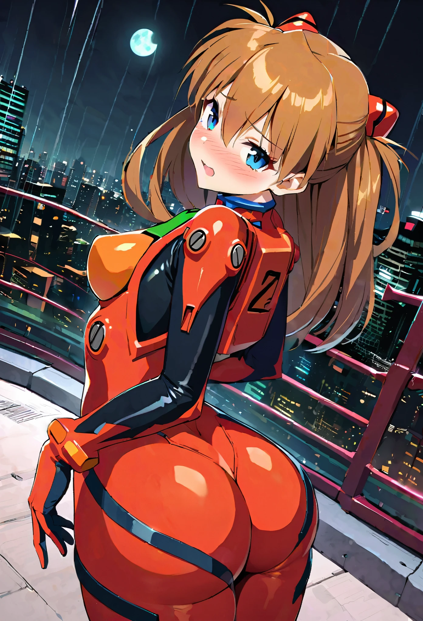 Evangelion,Asuka Langley ,Moe character,Tabletop, embarrassed,Are standing,plug suit, highest quality, gleaming skin,city,cyber punk,night,rain,moon, Huge Ass,Looking back, Back Viewer, blush, Captivating look