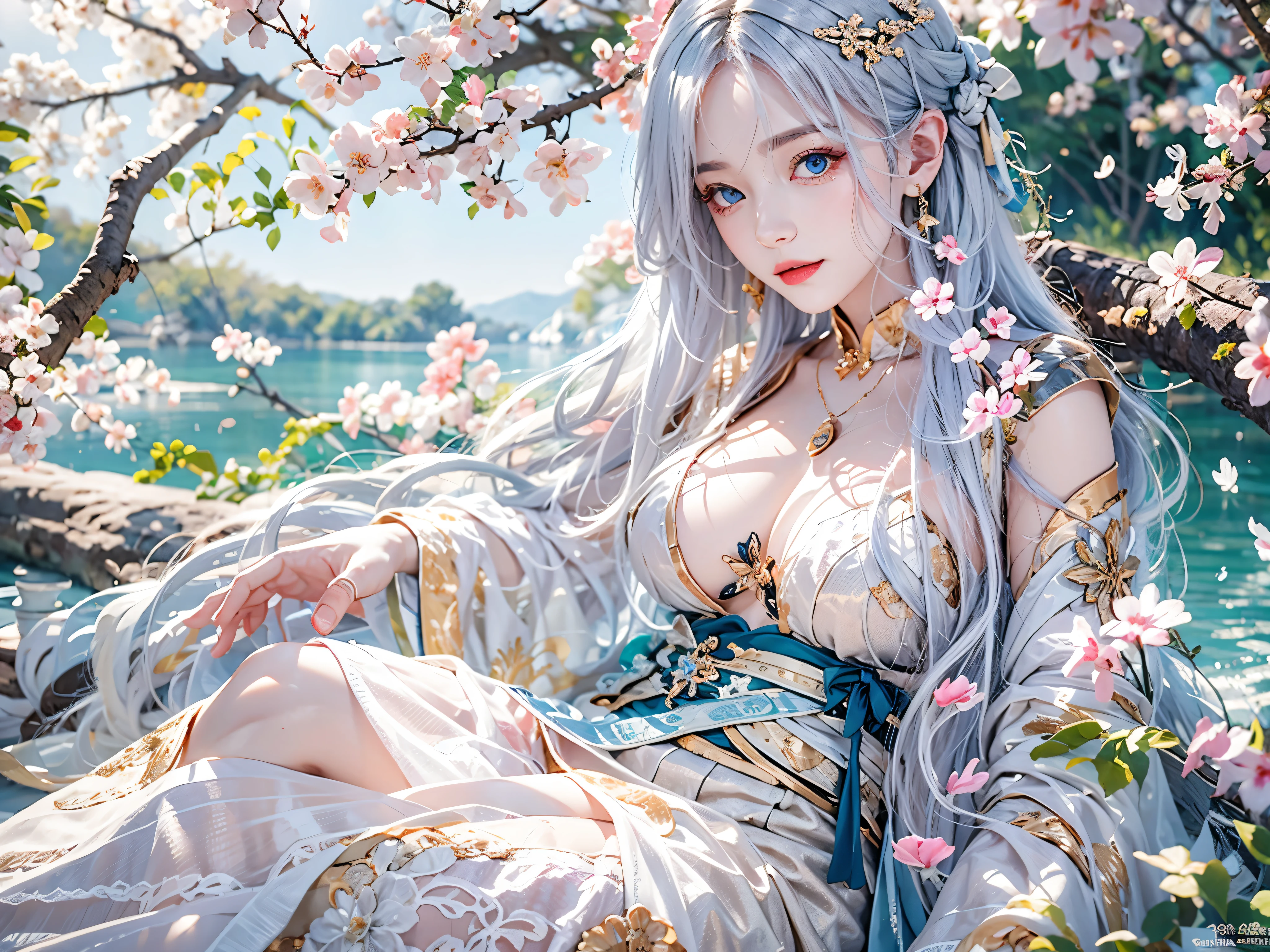 Reality, high resolution, Soft lighting, 1 female, Solitary, Hip lift, blue eyes, white hair, long hair, Hanfu, Hip lift, Jewelry, Tattoo, Cherry blossoms, Huge breasts