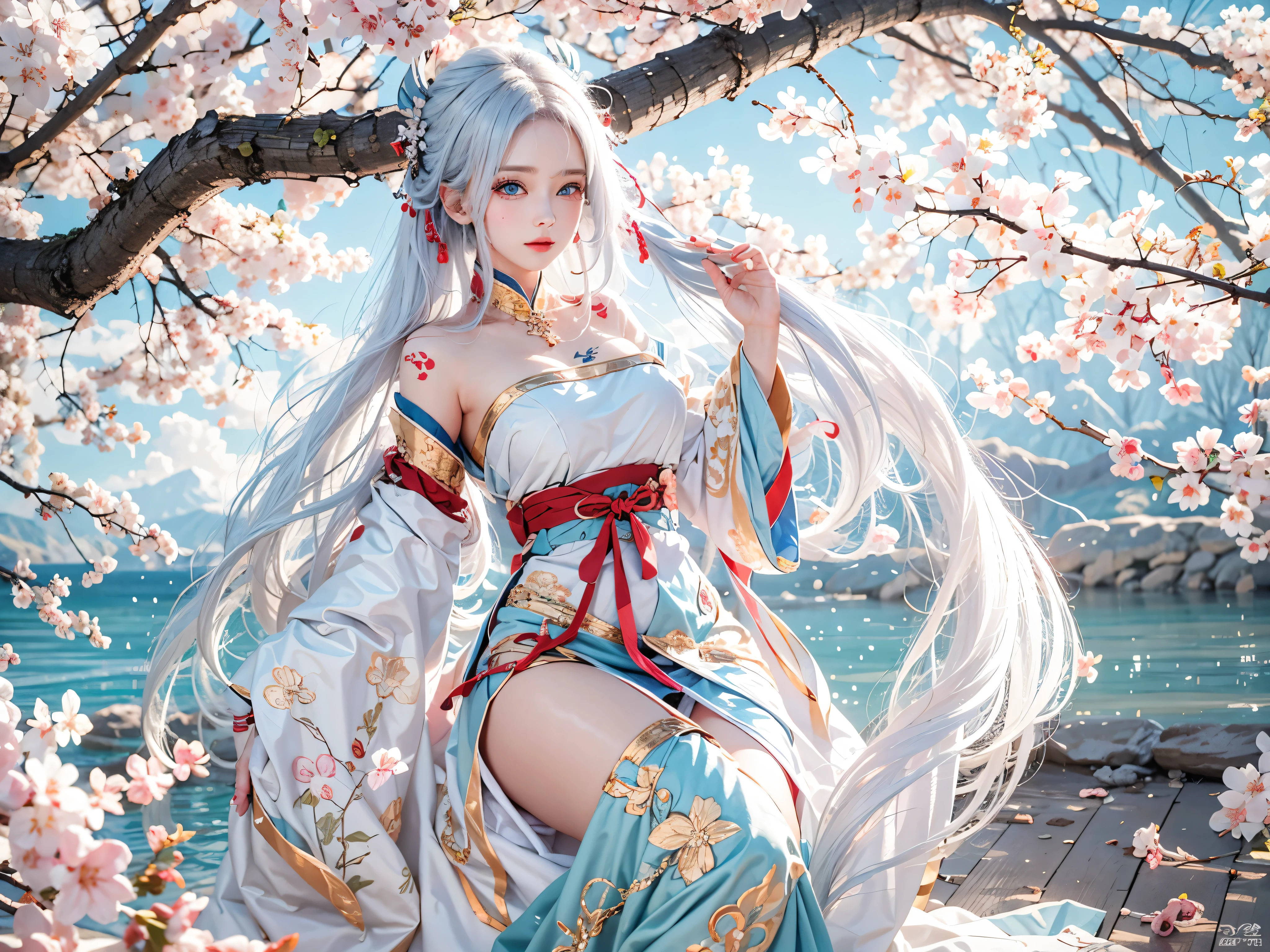 Reality, high resolution, Soft lighting, 1 female, Solitary, Hip lift, blue eyes, white hair, long hair, Hanfu, Hip lift, Jewelry, Tattoo, Cherry blossoms, Huge breasts