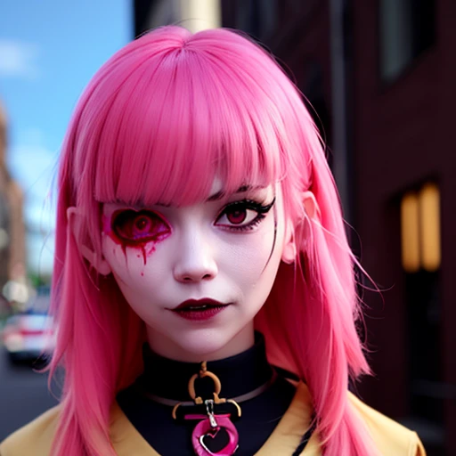 girl,with a face full of blood, blood on her clothes,scary smile, yandere, dark eyes, pink eyes, pink hair, crazy,black clothes,blur in the eyes,golden scarf,licking blood,an eye patch on the face,with a headset,with the mouth cut on the side, eyes widen