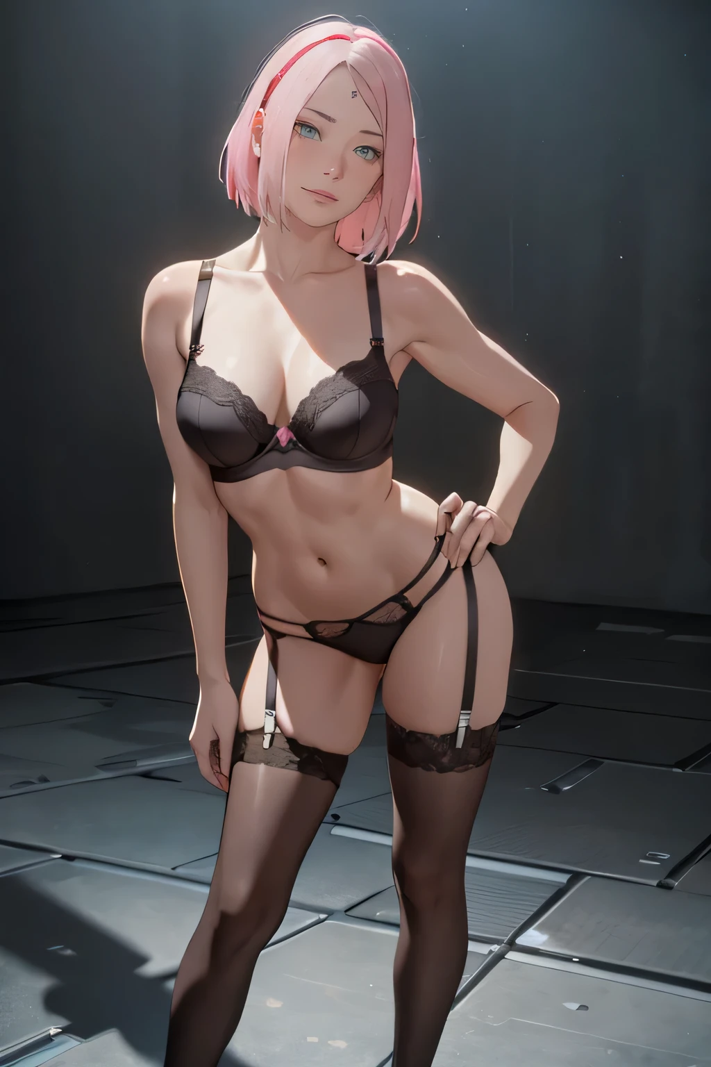masterpiece, absurdres, sakura\(boruto\), 1girl, solo,mature female, detailed black bra lenjerie, detailed black thong lenjerie), perfect composition, detailed lips, breast, beautiful face, body propotion, blush, (pink lips), short hair, green eyes, soft gaze, super realistic, detailed, photoshoot, realistic face and body, thighhighs, full body, standing pose, provocative pose