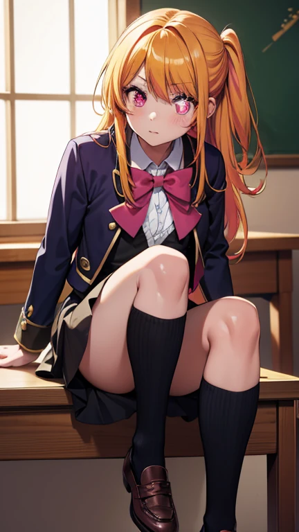 rubyhoshino, ruby hoshino, (yellow hair:1.5), long hair, one side up, (pink eyes:1.5), sidelocks, (star-shaped pupils:1.5), (symbol-shaped pupils:1.5), (mismatched pupils:1.5), BREAK black vest, blue jacket, bow, bowtie, collared shirt, cropped jacket, jacket, kneehighs, long sleeves, pink bow, pink bowtie, pleated skirt, , shirt, skirt, socks, vest, white shirt, white socks, youtou high , BREAK looking at viewer, BREAK indoors, classroom, BREAK (masterpiece:1.2), best quality, high resolution, unity 8k wallpaper, (illustration:0.8), (beautiful detailed eyes:1.6), extremely detailed face, perfect lighting, extremely detailed CG, (perfect hands, perfect anatomy),