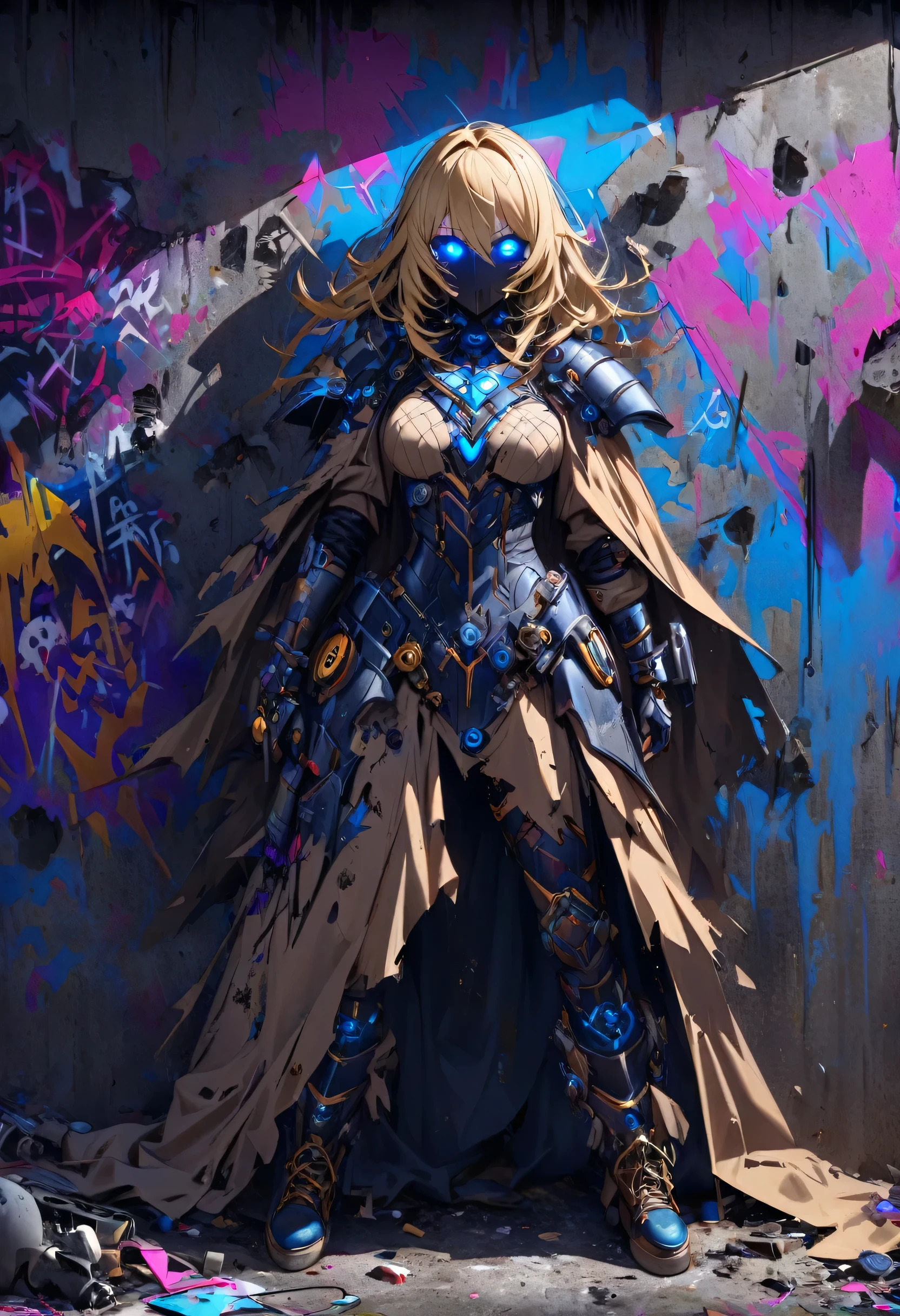 In a dystopian graffitipunk realm, a female warrior stands defiant amidst the chaos, her armor now a vibrant canvas of neon graffiti. The glowing blue hues of the graffiti contrast sharply against the shadowy backdrop, while gold accents are replaced with luminescent tags that narrate the tales of her past battles. Her cascading blond hair seems to absorb the eerie atmosphere, and her tattered cape catches the wind, flickering with neon as if it's alive. The ground is littered with debris, remnants of a bygone conflict, while the crumbling wall behind her whispers of ancient glories, now only remembered by the ghosts of spray paint. This haunting tableau is a captivating blend of graffiti, conceptual art, and painting., painting, graffiti, conceptual art