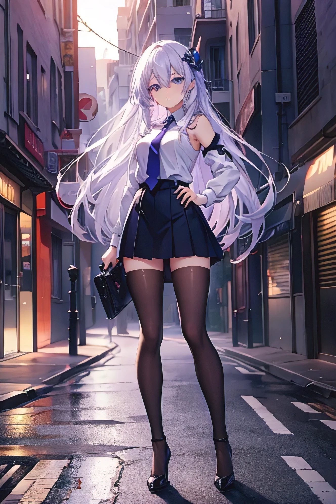 masterpiece, best quality, realistic, 1girl, white hair, long hair, big ass, realistic legs, black lingerie, thigh length socks, stilettos, in full growth, blindfold