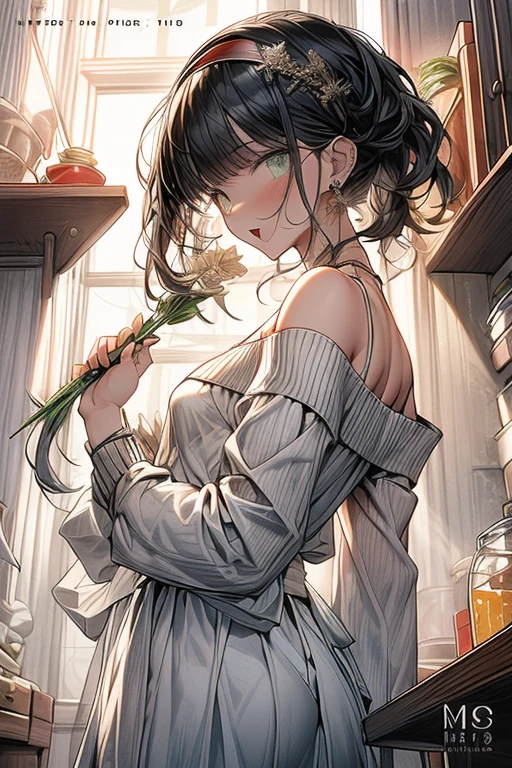 (small breasts:1.3), (perky chest:1.1), (pointed chest:1.0), (vegitable magazine cover:1.3),(from below:1.2),(from side:0.9),masterpiece, a 18yo girl, Amazing Cleavage:1.1, thin waist, big ass, Raised sexy, small breast: 1.3, posed cleavage:1.2, open mouth, have a cute grass of cute beergrass,black hair, dark green eyes, dress, bare shoulders, jewelry, collarbone, sidelocks, hairband, earrings, indoors, off shoulder sweater:1.1, arms behind back, plant, short hair with long locks, gild hairband, off-shoulder dress, sweater dress, off-shoulder sweater, red sweater, dark gord hair, big side hair, very long side hair,is rendered in (masterpiece: 1.2, best quality), with (ultra high resolution) and an exquisite (depth of field). This masterpiece is not only visually stunning but also tells,A scene of cooking in the kitchen by classroom,looking at viewer,