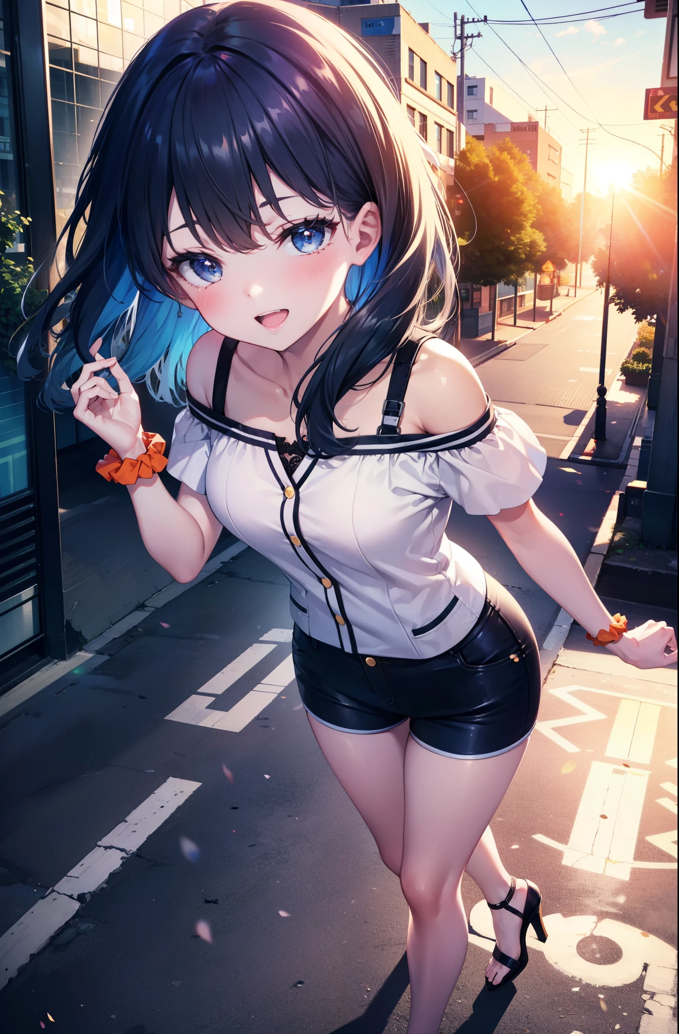 Rikka body, rikka takarada, Black Hair, blue eyes, Long Hair, orange Scrunchie, Scrunchie, wrist Scrunchie,happy smile, smile, Open your mouth,Cold shoulder tops,Short sleeve,Shorts,Stiletto heels,Walking,morning,morning陽,The sun is rising,So that the whole body goes into the illustration,Looking down from above,
Destroy outdoors, In town,Building district,
壊す looking at viewer, Systemic
break (masterpiece:1.2), highest quality, High resolution, unity 8k wallpaper, (figure:0.8), (Beautiful fine details:1.6), Highly detailed face, Perfect lighting, Highly detailed CG, (Perfect hands, Perfect Anatomy),
