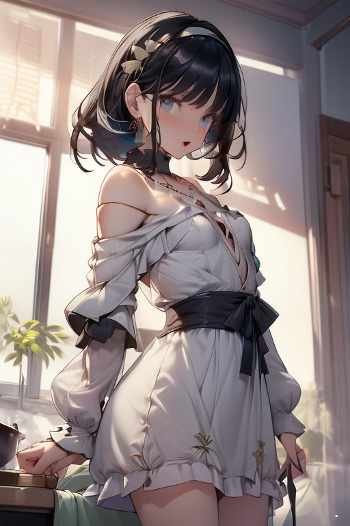 top-quality、Top image quality、​masterpiece、girl with((cute little、18year old、Best Bust、Medium bust、Bust 85,Beautiful blue eyes、Breasts wide open,Ponytail with black hair、A slender、Blue hair mesh、white sexy dress、White short skirt、Brewing tea)）hiquality、Beautiful Art、Background with((Large White Room、White lighting,White curtains are fluttering)),masutepiece、Elaborate design、visualart、depth of fields、The best lighting、highestdetailed、8ｋ