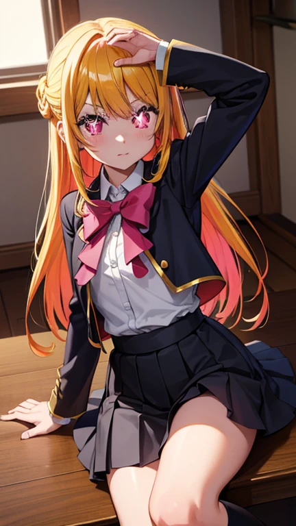 rubyhoshino, ruby hoshino, (yellow hair:1.5), long hair, one side up, (pink eyes:1.5), sidelocks, (star-shaped pupils:1.5), (symbol-shaped pupils:1.5), (mismatched pupils:1.5), BREAK black vest, blue jacket, bow, bowtie, collared shirt, cropped jacket, jacket, kneehighs, long sleeves, pink bow, pink bowtie, pleated skirt, , shirt, skirt, socks, vest, white shirt, white socks, youtou high , BREAK looking at viewer, BREAK indoors, classroom, BREAK (masterpiece:1.2), best quality, high resolution, unity 8k wallpaper, (illustration:0.8), (beautiful detailed eyes:1.6), extremely detailed face, perfect lighting, extremely detailed CG, (perfect hands, perfect anatomy),