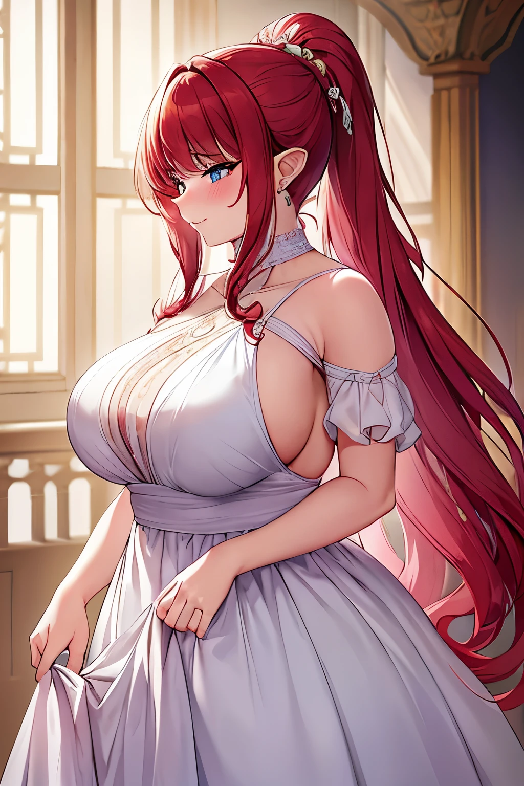 Detailed and Delicate Masterpiece of a Chubby Woman in a Sevenscore Gown
Long, lustrous red hair tied in a ponytail, bestowing an air of femininity, a yet chubby womanstands with an embarrassed expression graced upon her elfin face. Her eyes, adorned with elaborate eyeliner and mascara, are a sight to behold, sparkling with vulnerability and shyness. Luscious pink lips curl into a self-conscious smile, adding a dash of charm to her overall appearance.
The masterpiece of a dress she dons is a seventeenth-century ball gown, exuding a sense of regality and eleg