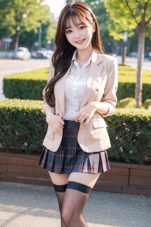 Beautiful South Korean girl dressed in blazer and short plaid skirt and fishnet stockings with beautiful breasts and a sexy smile