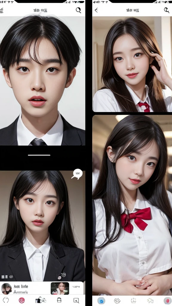 (high quality), (NSFW:1.2), Split screen vertically, 1 girl and 1 man are dating online by exchanging own photos and messages using a smartphone chatting app, 18 years old, korean, long distance relationship, The text is written in English., they weared korean high school uniforms, whole body, Focus your eyes on your phone screen and be happy, Upload your photos to an online community using a smartphone app, Men are crazy about her posts online, just like cartoon cuts., They're sending her messages asking to chat, You are amused by their reactions, light makeup, slim figure, (girl weared thin and natural pantyhose : 1.9), (girl weared slim high_school uniform_pencil skirt and blouse : 1.6),(a man weared high school uniform_shirts and pants:1.5), (they weared school uniform_blazer and tie),