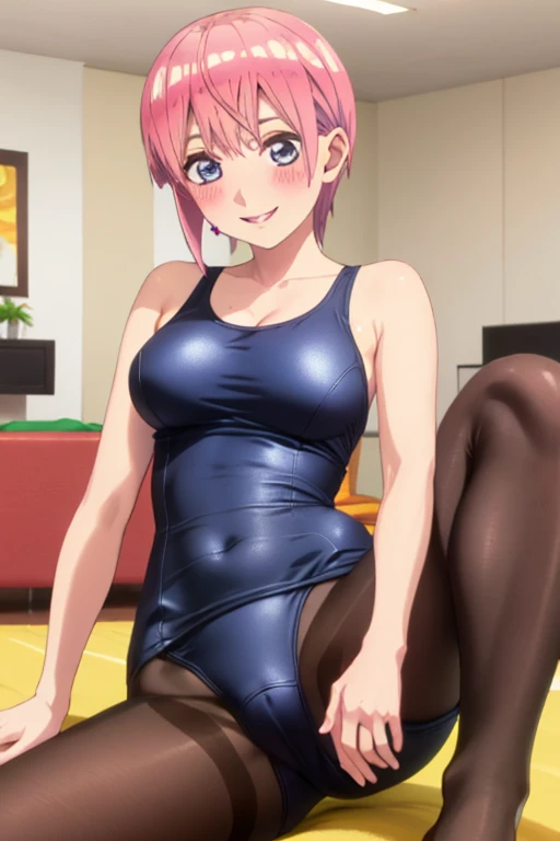 best quality, masterpiece, high quality, insanely detailed, ichika nakano, one-piece swimsuit, breasts, pantyhose, blush, smile, in the living room, leg spread