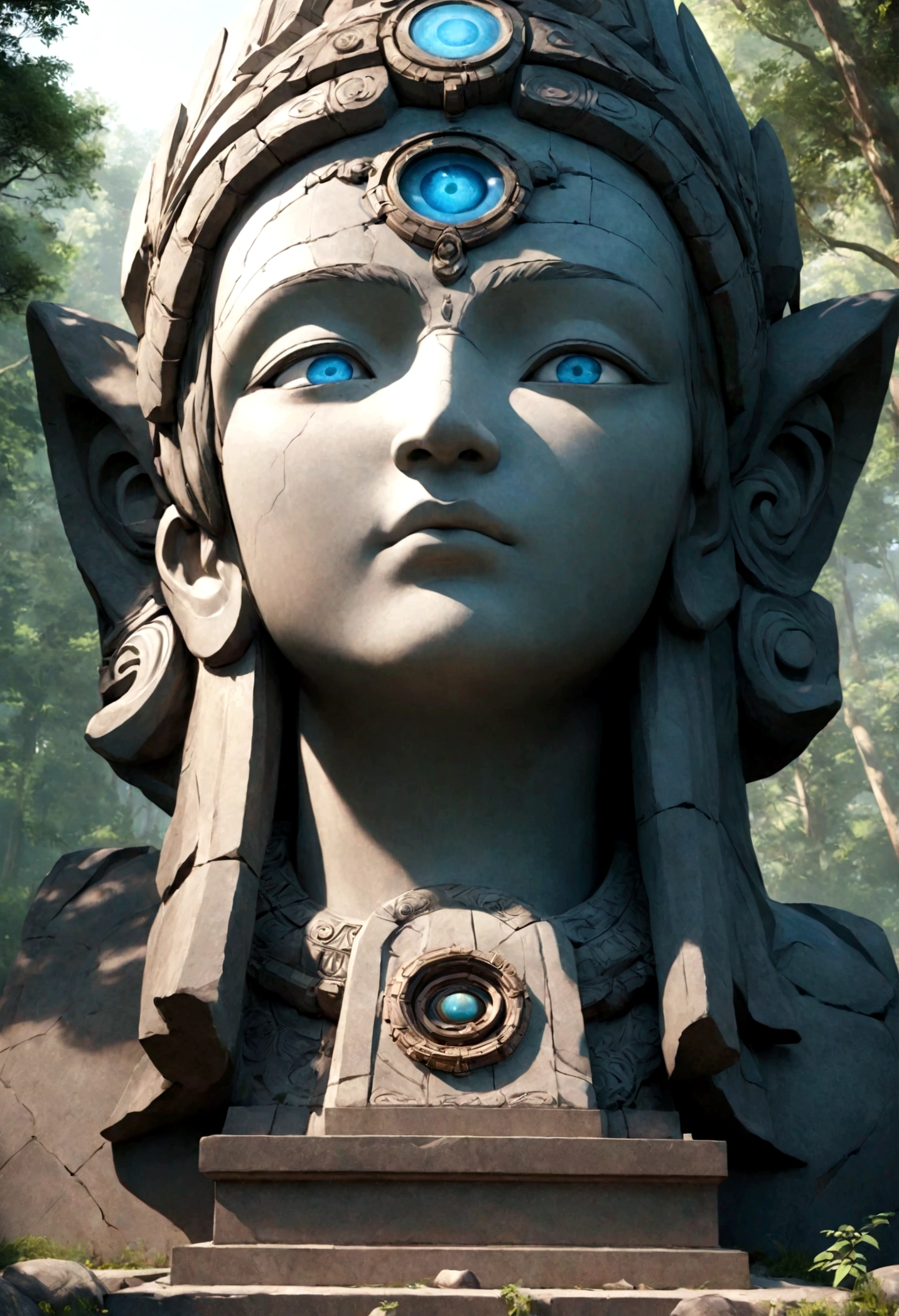 There is a huge stone statue in the middle of the forest, Stone Eye, Unreal Maya, imax lens, By Jang Seung-eop, Still style, Electronic Hindu Temple, Close-up of face, PlayStation 3, Autodesk, Marvel Comics Stills, grave