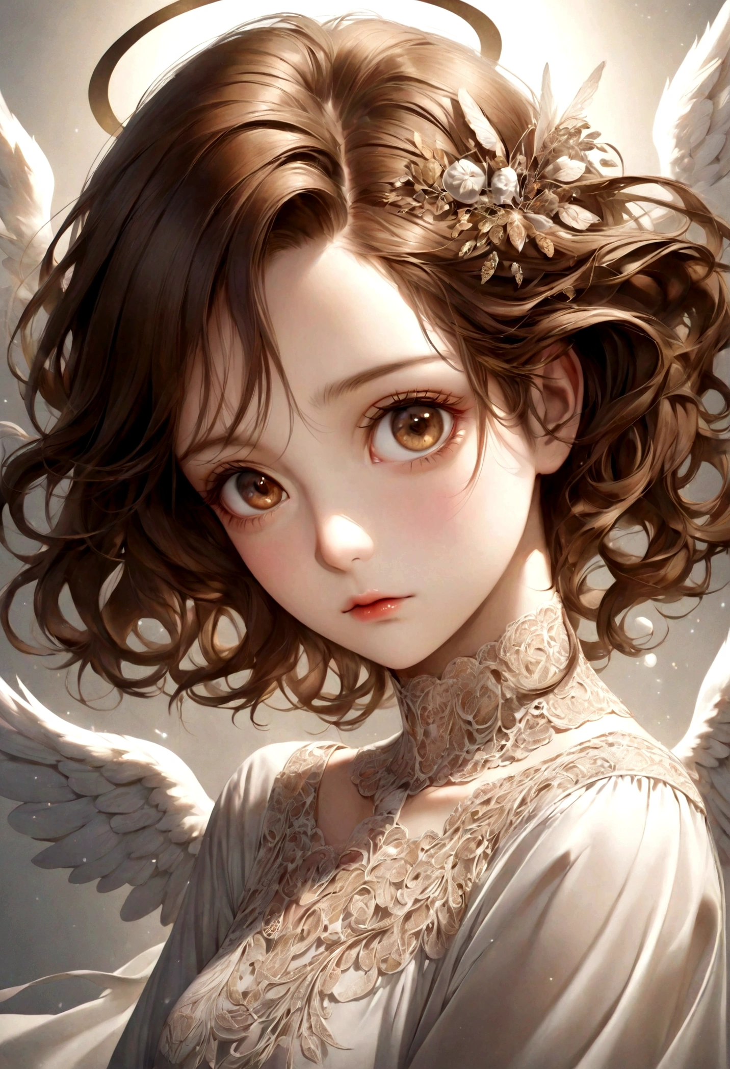 Photo realistic woman, woman brown eyes, Brown hair, Ultra HD, surreal style, Angel, Delicate face
