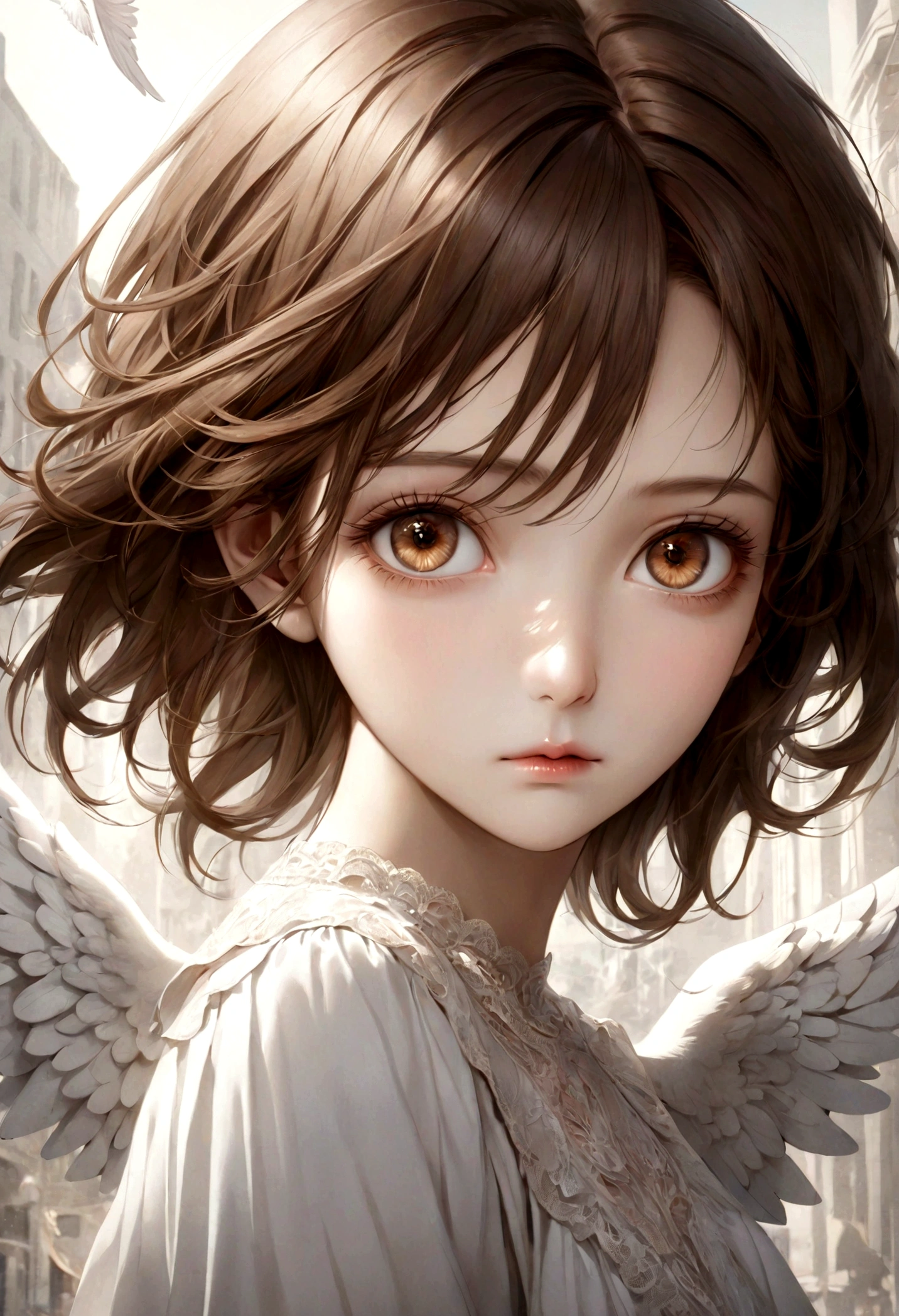Photo realistic woman, woman brown eyes, Brown hair, Ultra HD, surreal style, Angel, Delicate face